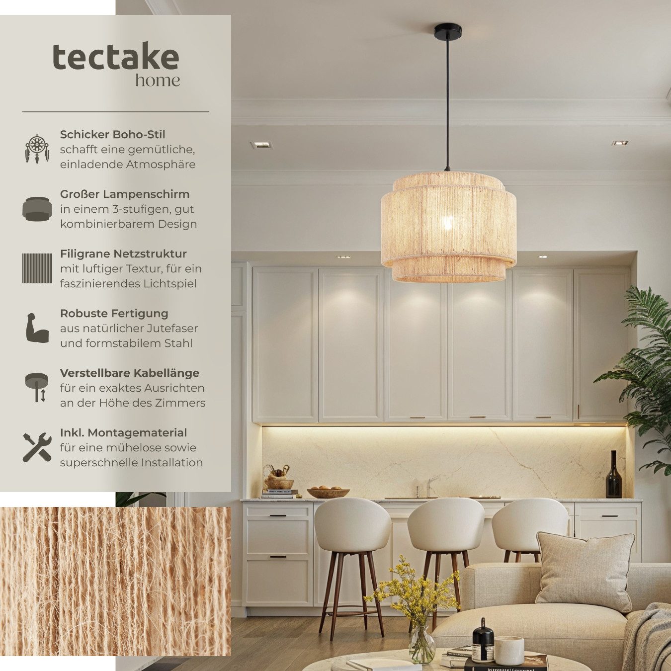 tectake Deckenleuchten Pendelleuchte Lignea Lux aus Jute im Boho-Stil, 40W, günstig online kaufen