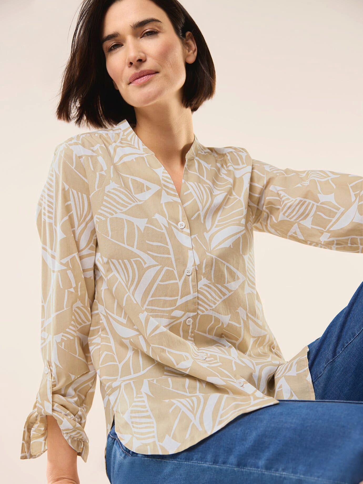 Walbusch Langarmbluse Damen Baumwollbluse V-Ausschnitt Langarm Regular Fit Leichter Voile-Sommerbluse, atmungsaktiv, Krempelärmel, pflegeleicht