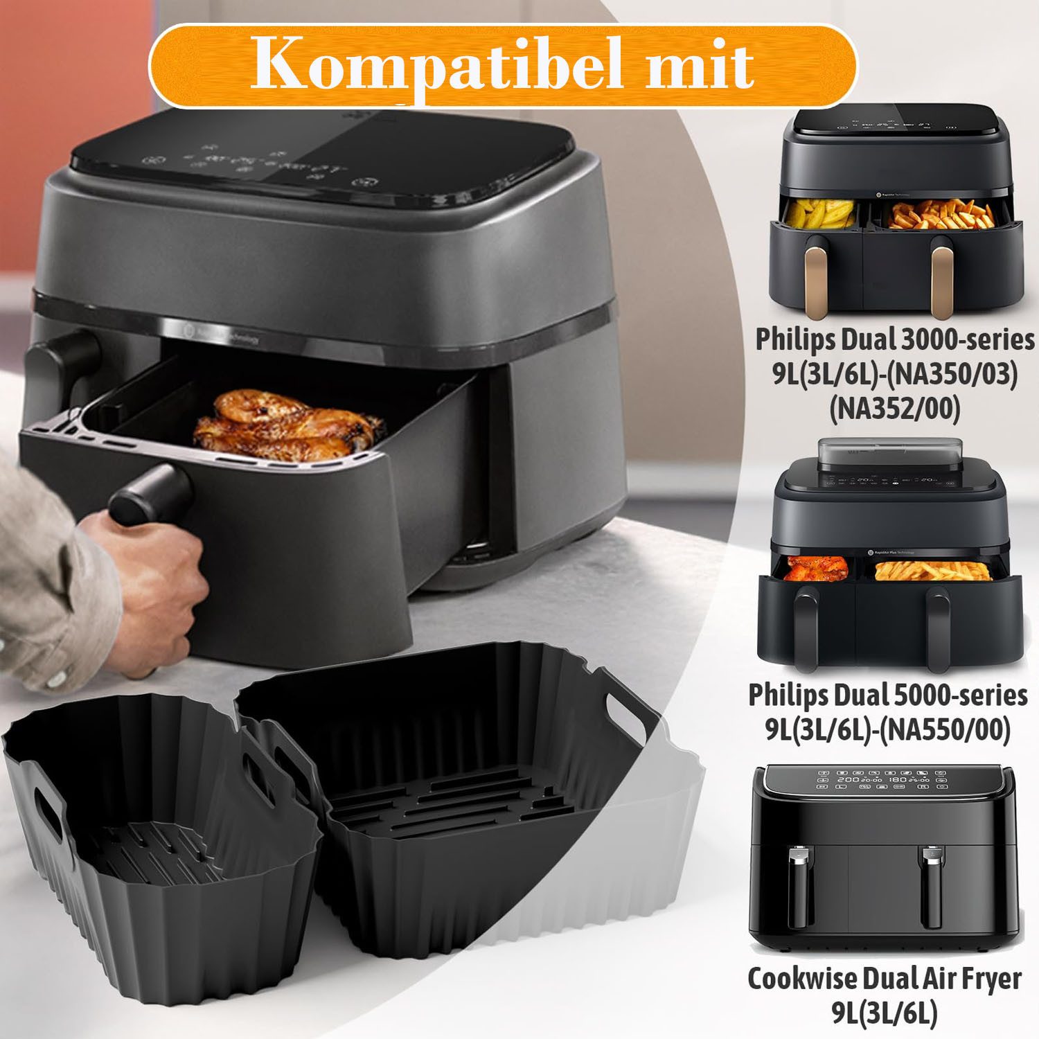 SURFOU Backform Heißluftfritteuse zubehör für Philips airfryer zubehör 28-tlg BPA-frei, (28-tlg Heißluftfritteuse Zubehör Set für Philips Airfryer Dual Basket 3000/5000 Serie(z. B. NA350/00, NA352/04), und Tefal EY9018 Dual Easy Fry, und die meisten Dual Zone Heißluftfritteusen(3L+6L), Silikonformen, Muffinförmchen, Backformen, Grillrost, Edelstahlspieße, Spießhalter, Silikonhandschuhe, Silikonzange, Öl-Pinsel 28-tlg), Schnell zubereitet, gesund, fettarm