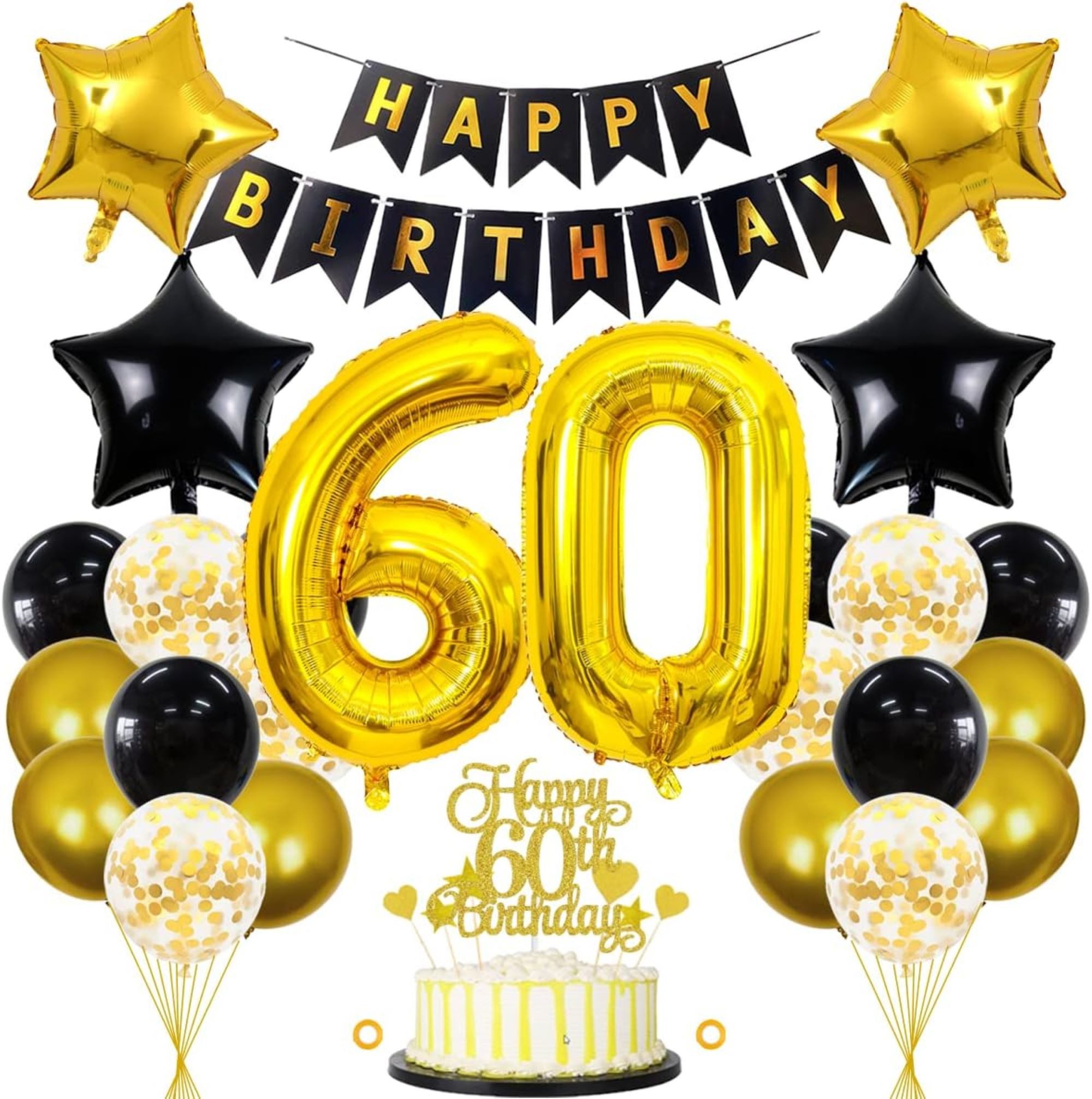 Montegoni Aufblasbares Partyzubehör 60 Geburtstag Deko Set Schwarz Gold, 20 Teilig Set: Girlande, Zahlen, Stern, Konfetti, Latex Ballons