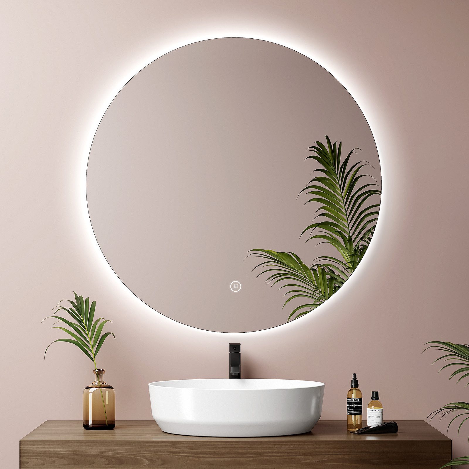 EMKE Badspiegel Runder Wandspiegel mit LED-Beleuchtung ohne Rahmen, Dimmbar Modern (50~80cm, Touchschalter), Kaltweiß Licht, Dimmbar, Memory Funktion, IP44