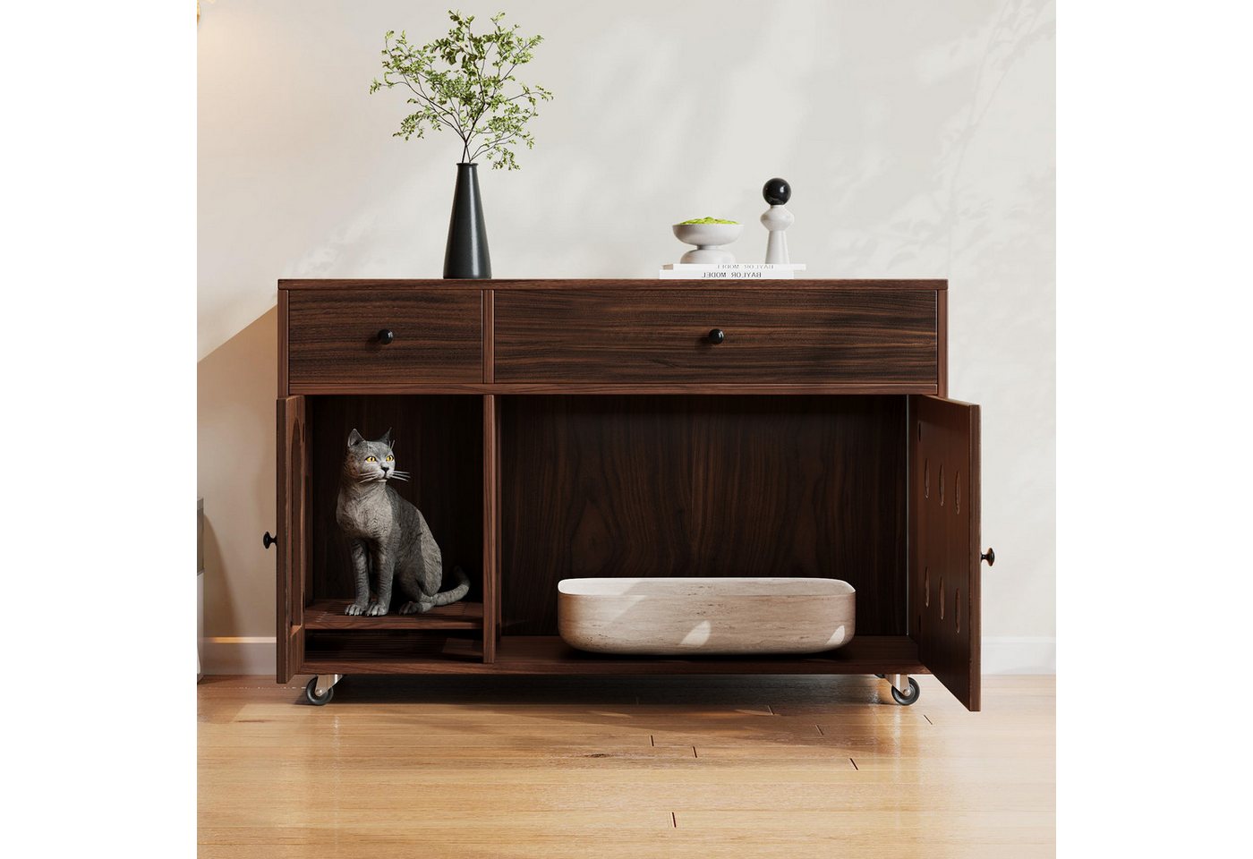 i@home Katzentoilette Katzentoilette, Katzenschrank für Katzentoilette, 100×45×66 cm, Sandfangfunktion, Versteckfunktion, Mobil, Multifunktional
