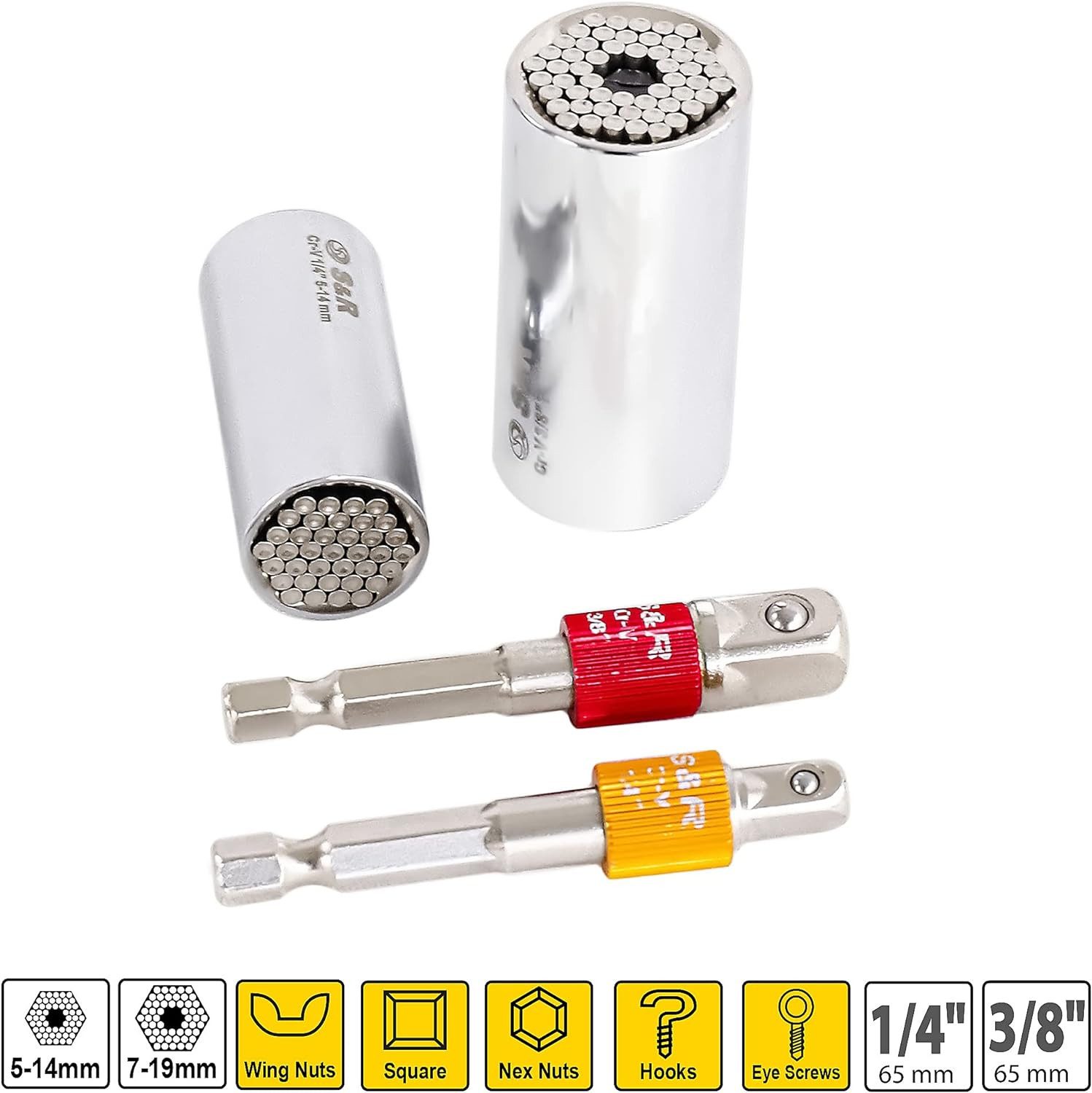 S&R Steckschlüssel Universal Multi Stecknuss, 2x Multifunktion-Nuss, 2x Sechskant Adapter (Set, 4-tlg. Nuss 5-14 mm und 7-19 mm, Adapter 1/4" und 3/8" Vierkant), einfaches Lösen von Muttern, Haken, Bolzen, selbst kaputte Schrauben