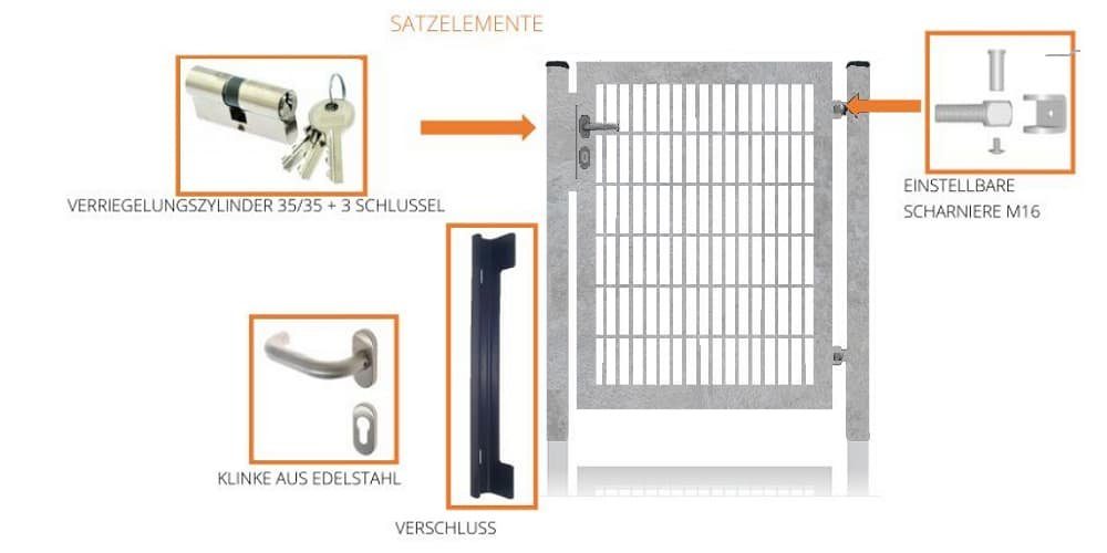 Fischer und Adamek Gartentor Gartentor, (inkl 2 Pfosten 3 Schlüssel Schließer), Verzinkt