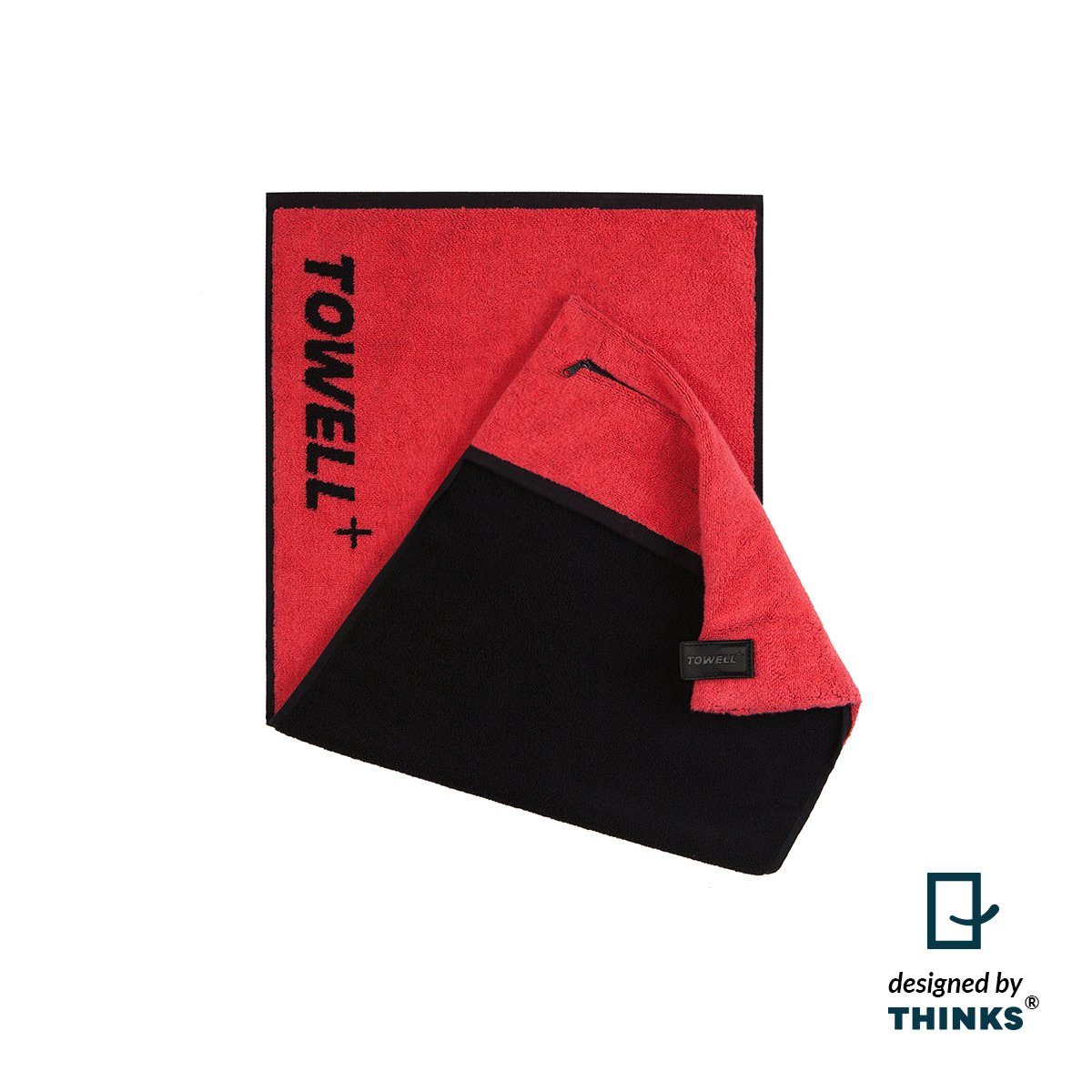 Sporthandtuch Towell +, Handtuch mit Tasche und Magnetclip, Rot/Schwarz
