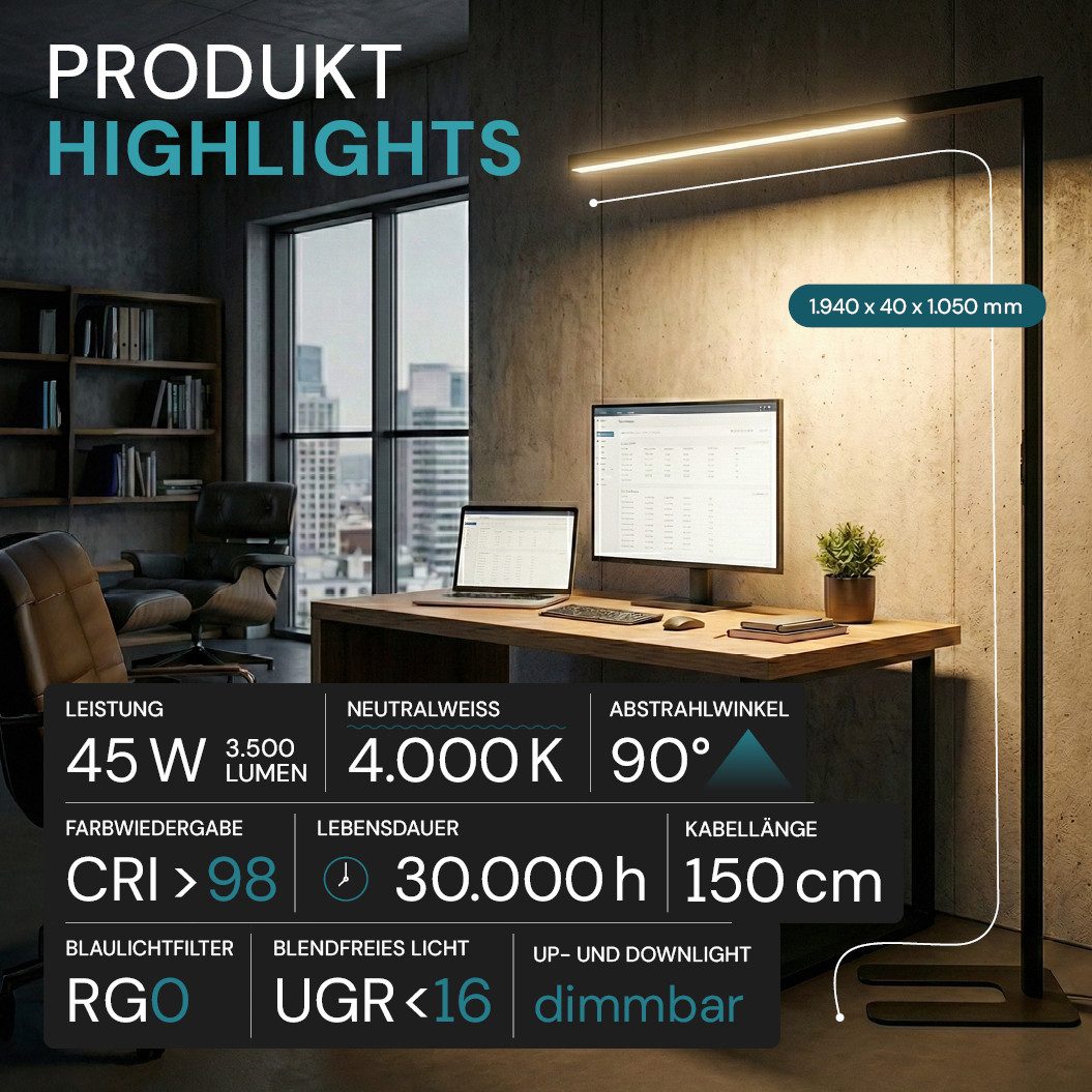 LUXULA LED Stehlampe LUXULA Stehleuchte 45W 4000K Neutralweiß Büro Stehlampe Dimmbar, LED fest integriert, Tageslichtweiß, einarmig, CRI98, UGR<16, augenschonendes Licht, Touch-Bedienung