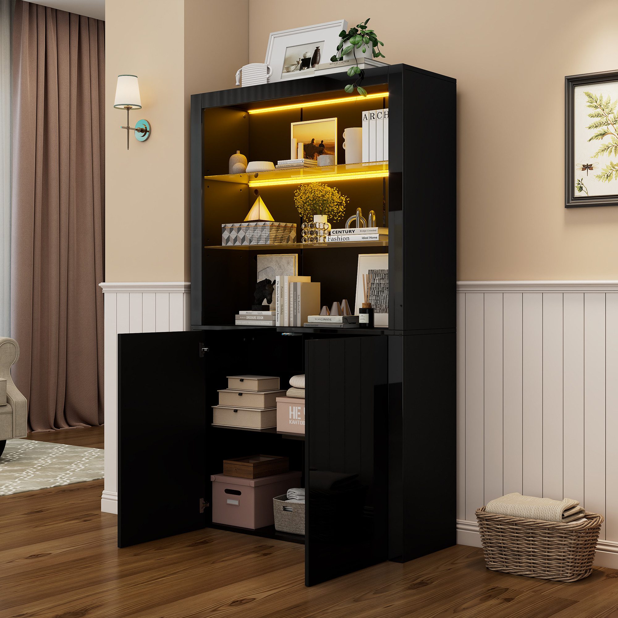 MODFU Vitrine gehärtetem Glas und Stauraum (Sideboard, Wohnzimmerschrank, Organizer, 1-St., Displayschicht aus gehärtetem Glas) mit LED-Leuchten
