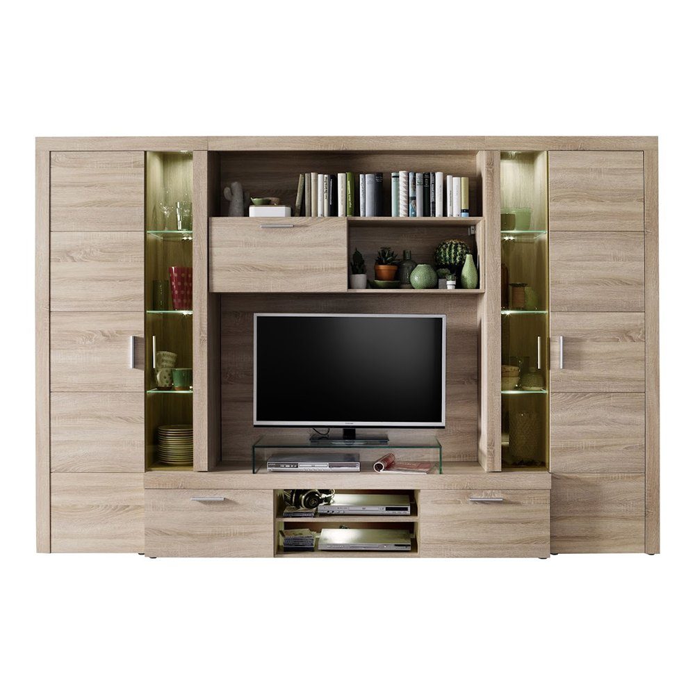 trendteam Wohnwand, Anbauwand inkl. Beleuchtung Eiche Sägerau hell 291x197x41 cm