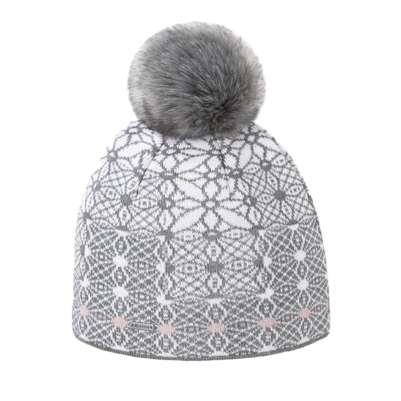 Strickmütze (Bommel) A183 Merino - Damen grau/weiss - 1 Stück