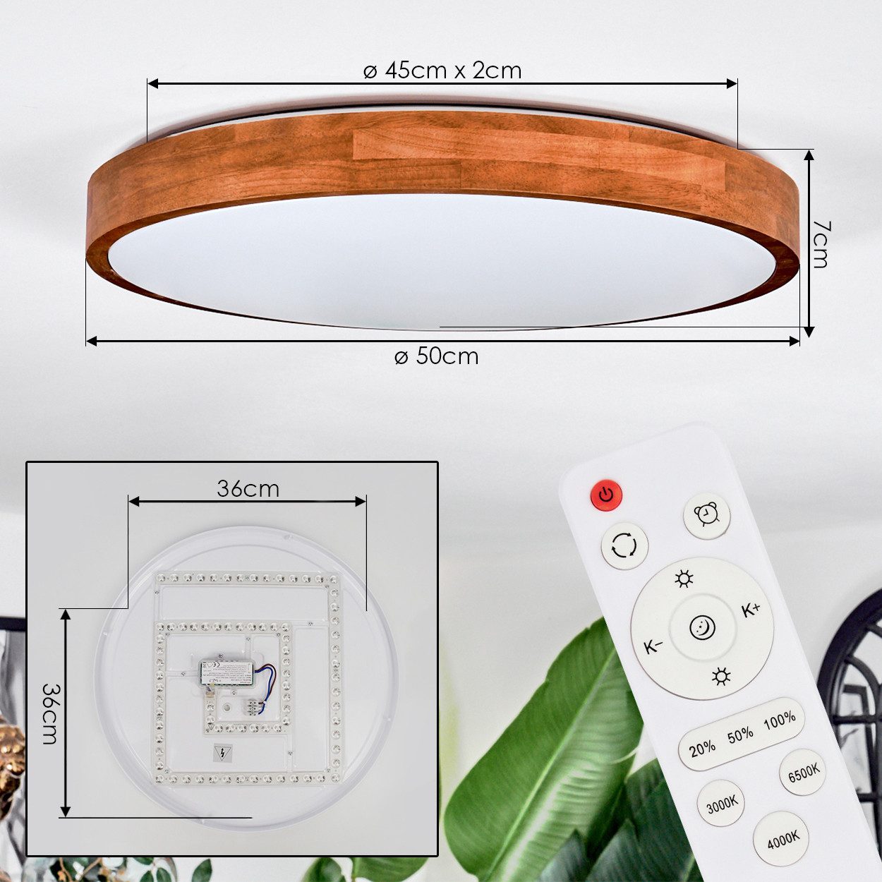 hofstein Deckenleuchte Deckenlampe aus Holz/Kunststoff in Naturfarben/Weiß, ohne Leuchtmittel, Deckenleuchte im Boho-Design, CCT einstellbar mit Fernbedienung – Bild 4 von 5