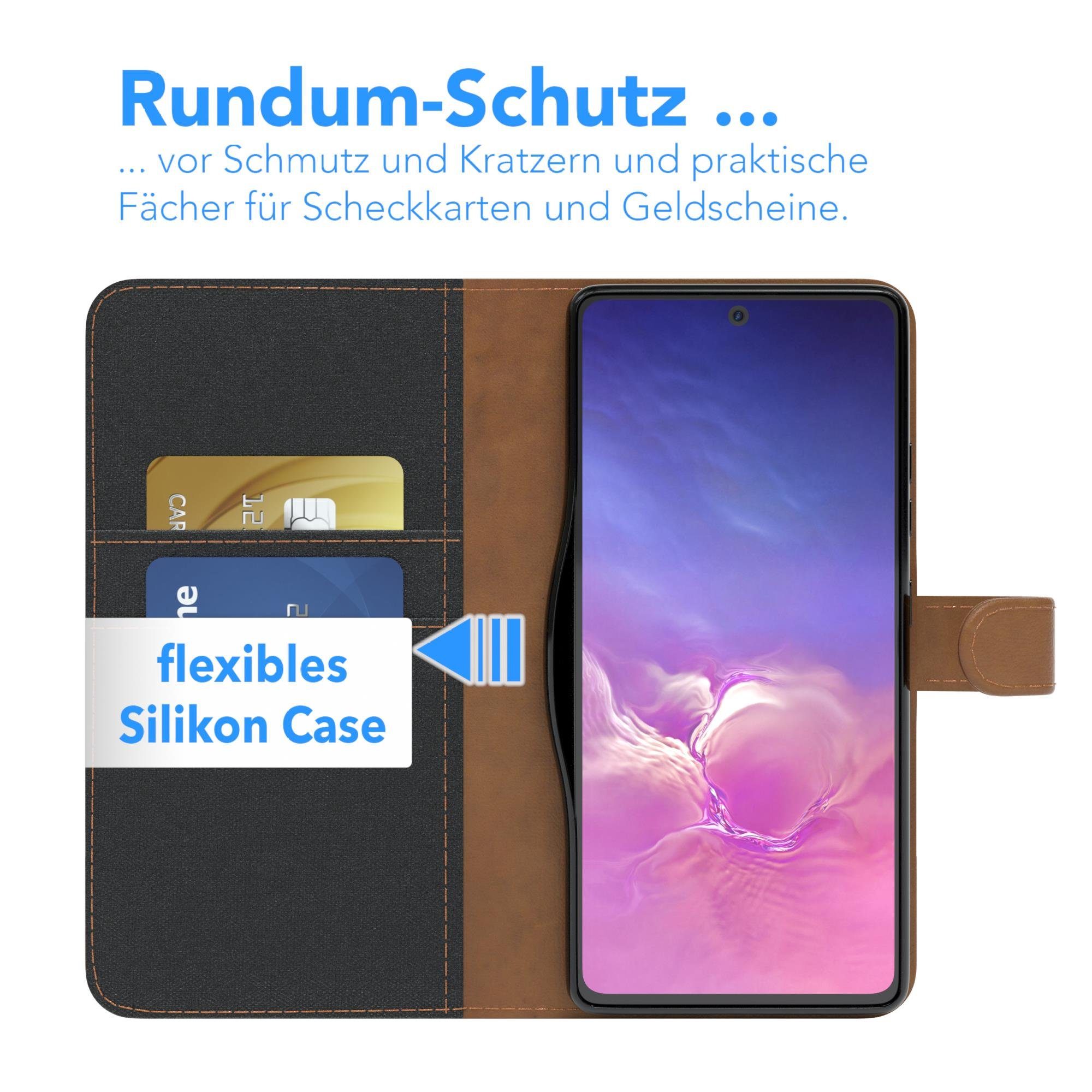 EAZY CASE Handyhülle Bookstyle Jeans für Samsung Galaxy S10 Lite 6,7 Zoll, Handytasche Jeans mit Standfunktion und Visitenkartenfach Schwarz