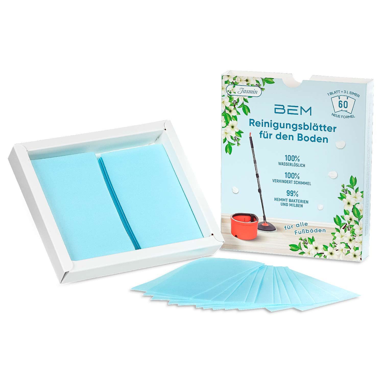 BEM Reinigungs-Set Wasserlösliche Reinigungsblätter, (Bodenreiniger Blätter für alle Fußböden geeignet, 60-St., mit Jasmin-Duft), effiziente und umweltfreundliche Bodenreinigung