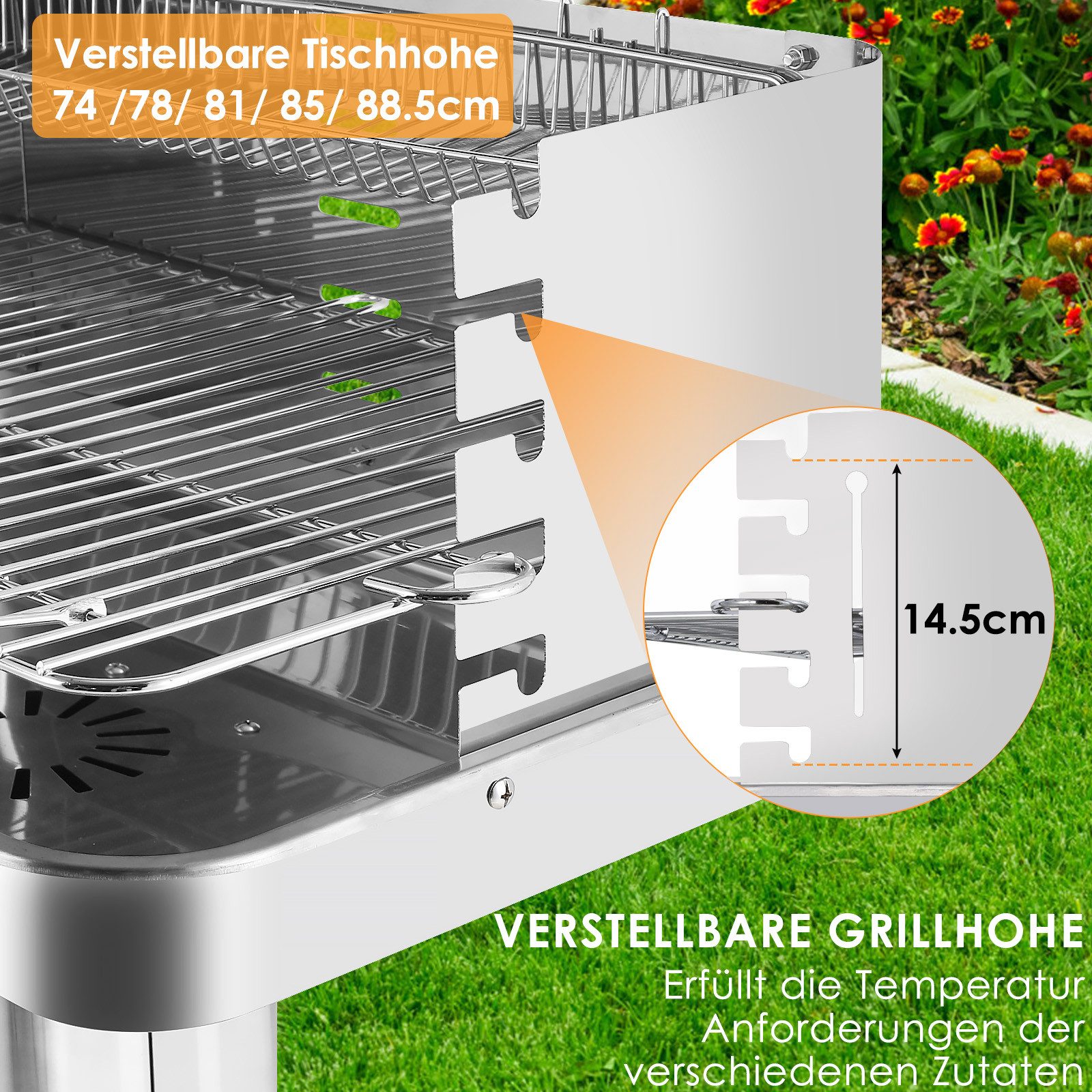 TLGREEN Standgrill Säulengrill aus Edelstahl, Holzkohlegrill, BBQ-Grill für Camping, 5-fach höhenverstellbarem Grillrost, 57*38*89.5cm