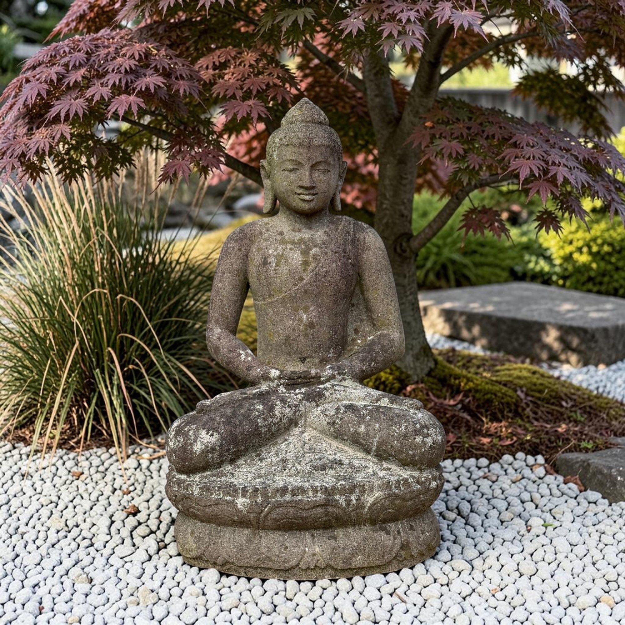 Asien LifeStyle Buddhafigur Flussstein Buddha Statue 81cm – Gartenskulptur Borobudur Java 96kg
