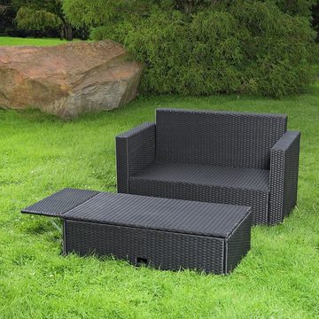 Melko Gartenlounge-Set Gartensofa Lounge Sessel Gartenmöbel aus Polyrattan und klappbare Fußbank in Schwarz, Grau und Braun Gartensofa Sitzgarnitur Hocker XXL Balkon Sitzbank Liege, (Set, 2-tlg), Kissen inkl. Reißverschluss, daher abnehm- und waschbar