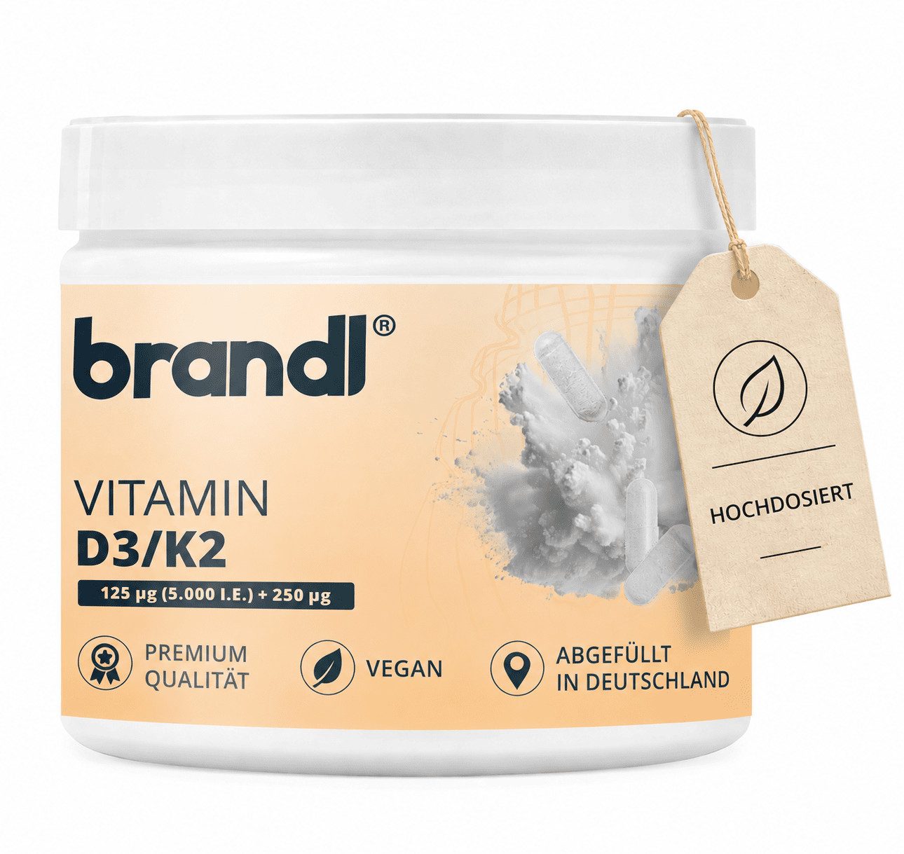Brandl Nutrition Vitamin D3 K2 Kapseln Vegan mit 5.000 IU D3 und 250μg K2 - hochdosiert Kapseln, 120 er 120 St., hochdosierte Premium Kapseln, laborgeprüft, abgefüllt in DE