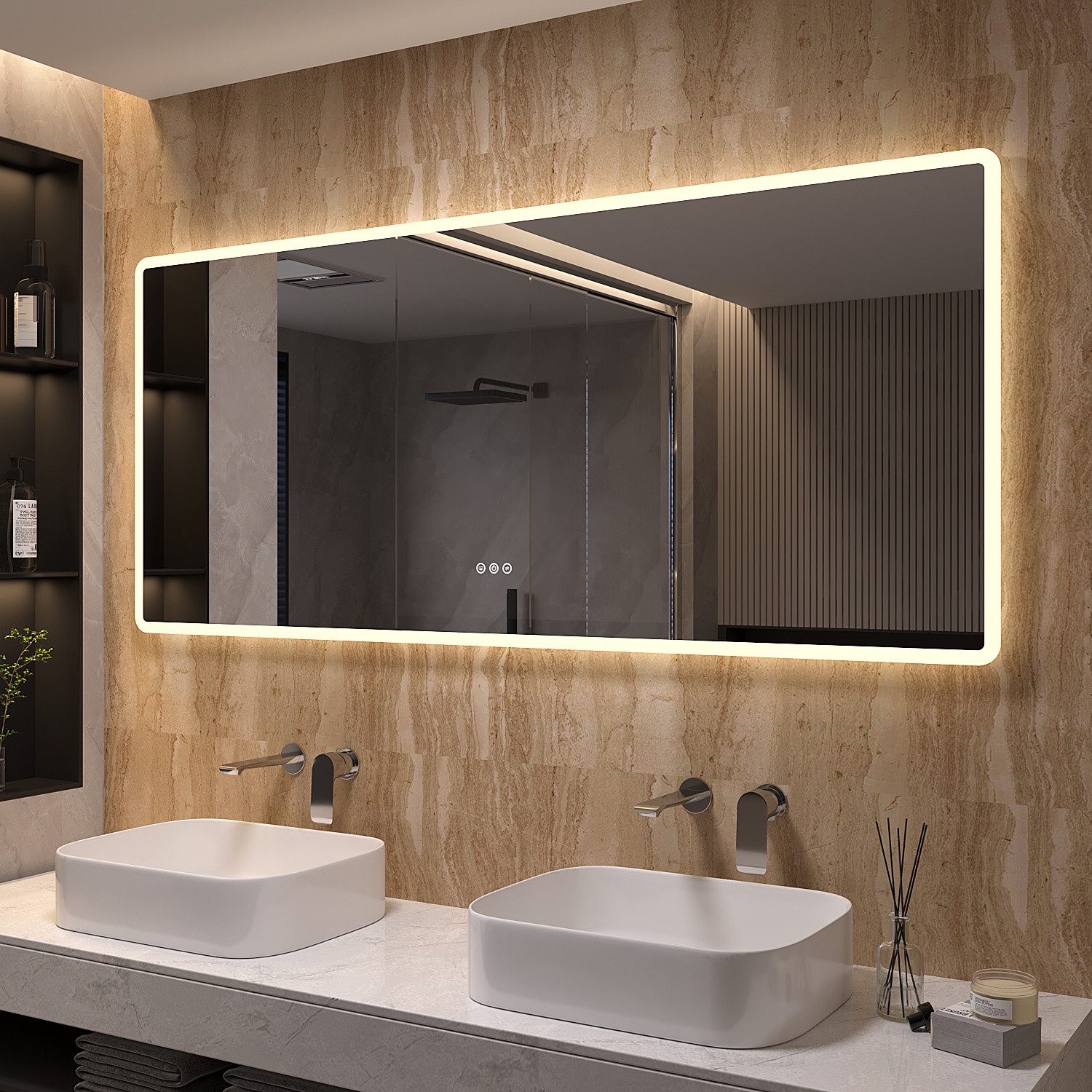 AQUABATOS Badspiegel LED Badspiegel IP44 mit Touchschalter Dimmbar Abgerundete/Scharfe Ecke (LED Badspiegel 160x70 140x70 100x70 cm mit Beleuchtung Lichtspiegel – Bild 2 von 5
