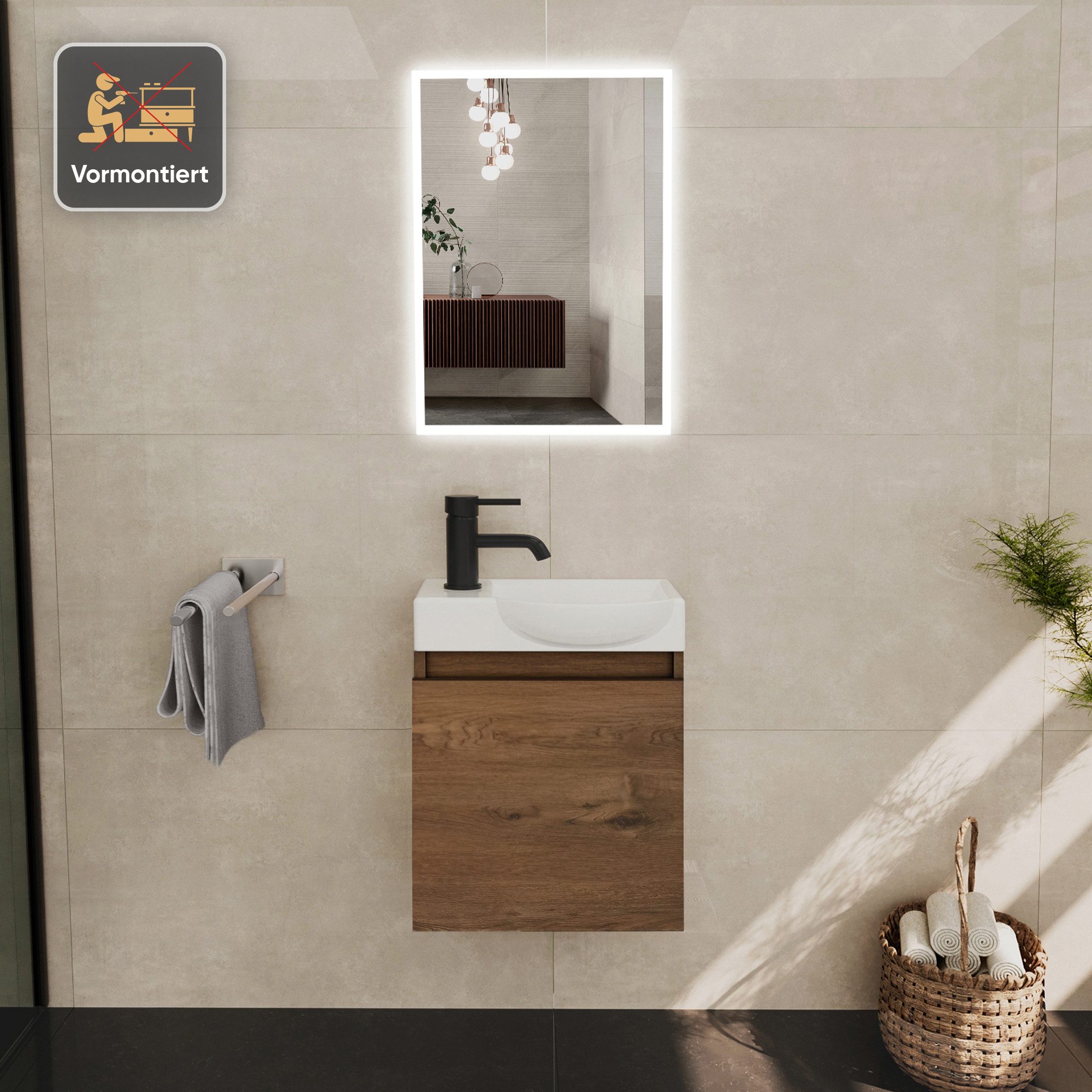 Alpenberger Waschtisch-Set Waschtisch mit Unterschrank hängend 45 cm Gäste WC, (Soft-Close Tür, MDF Eiche, Keramik Becken Rechts mit Überlauf), Waschbecken mit Unterschrank klein & wandhängend