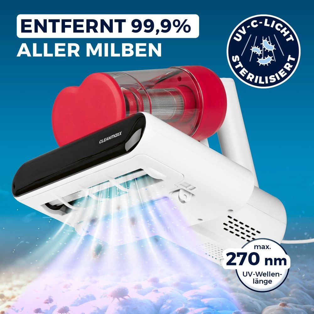 CLEANmaxx Matratzenreinigungsgerät Milbensauger Rotation mit UV-C-Licht & HEPA-Filter für Allergiker, 400 W, beutellos, Handstaubsauger für Matratzen, Ultraschall- & Wärmefunktion