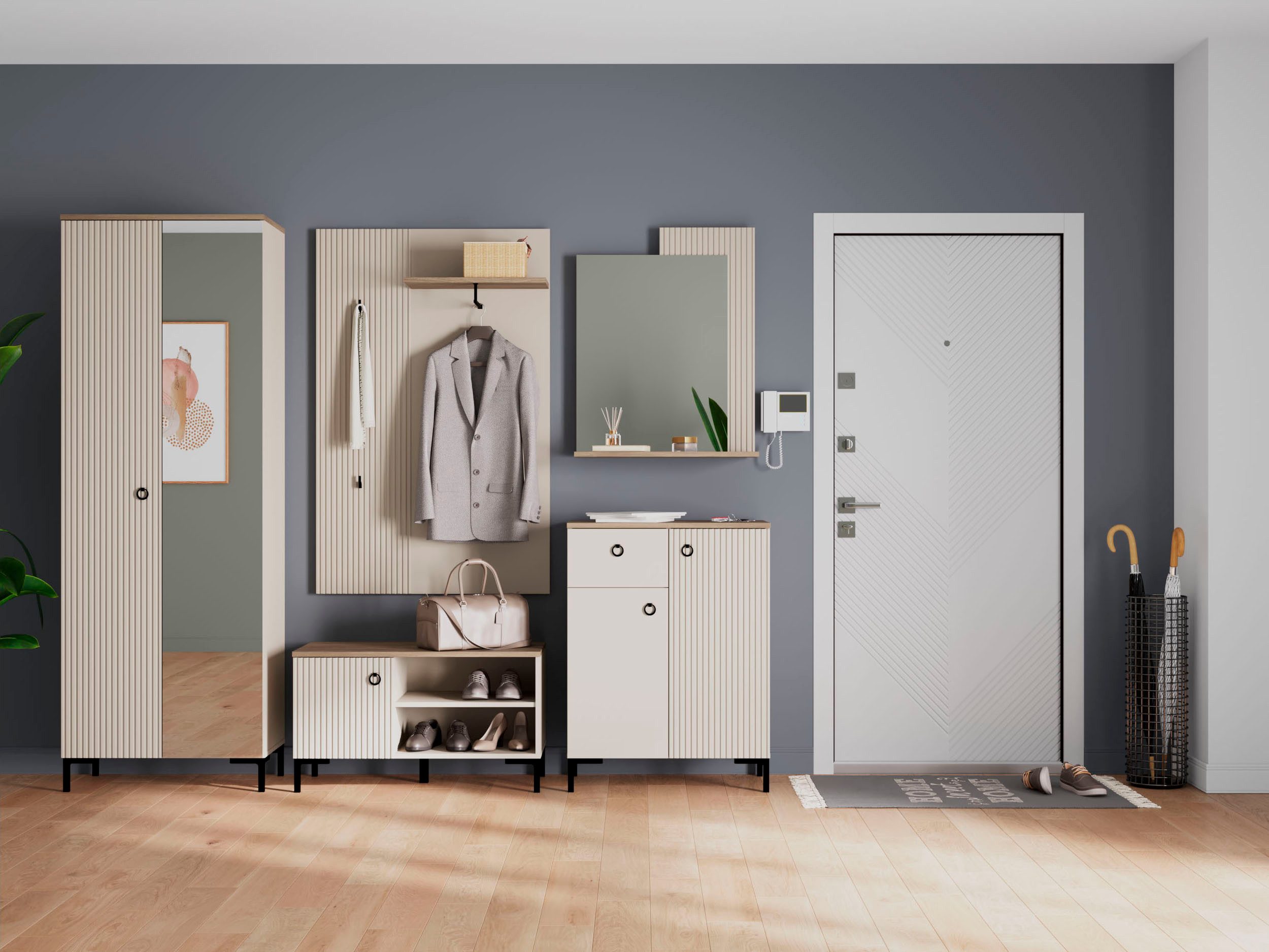 Home affaire Garderoben-Set Luminara, (Komplett-Set, 5-St), Komplettset: Schrank mit Spiegel, Sitzbank, Paneel, Kommode & Spiegel