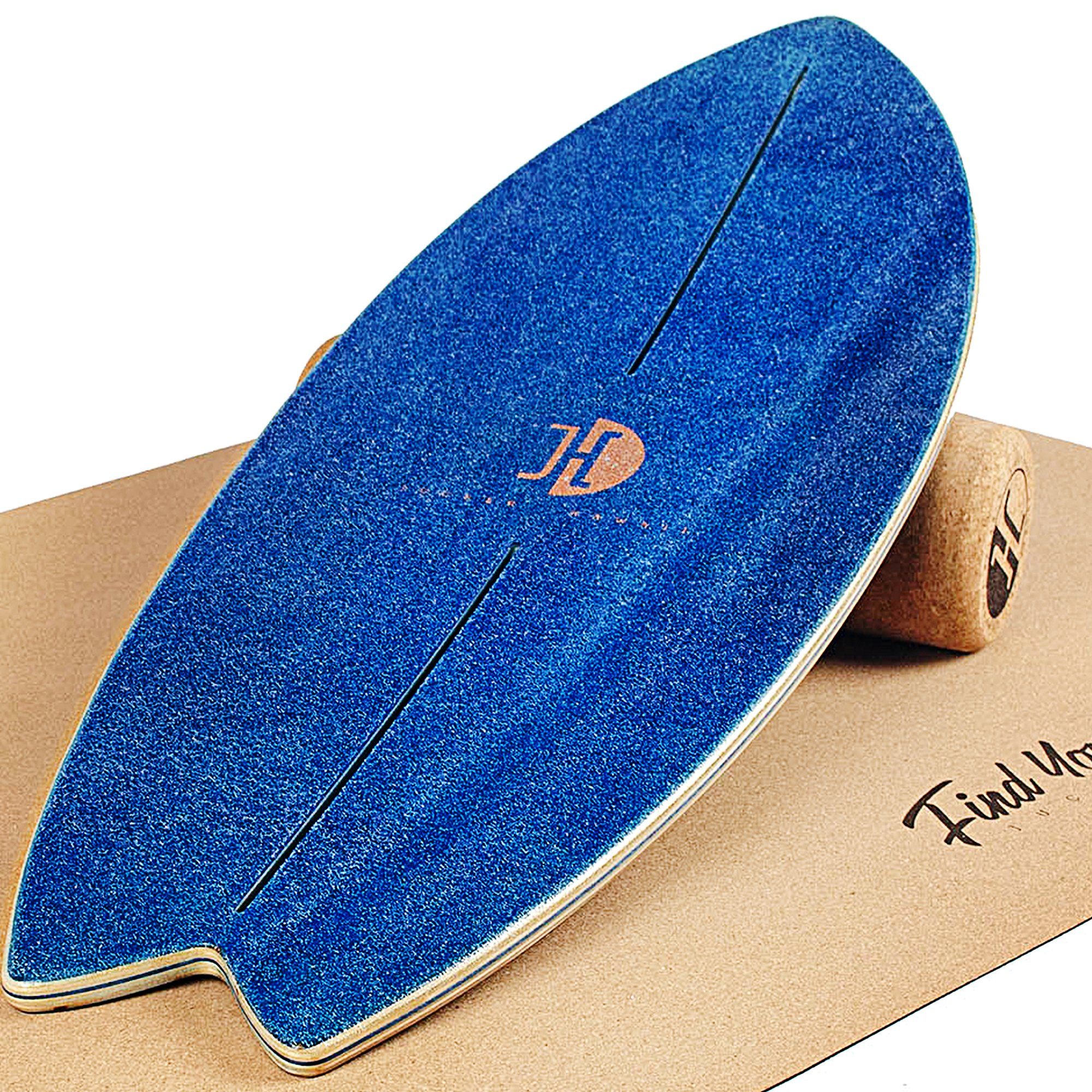 JUCKER HAWAII Balanceboard Ocean Rocker Blue, Surf Balance Board Set inkl. Korkrolle & Matte, Professionelles Balance Board mit Rocker Shape aus 100% Echtholz