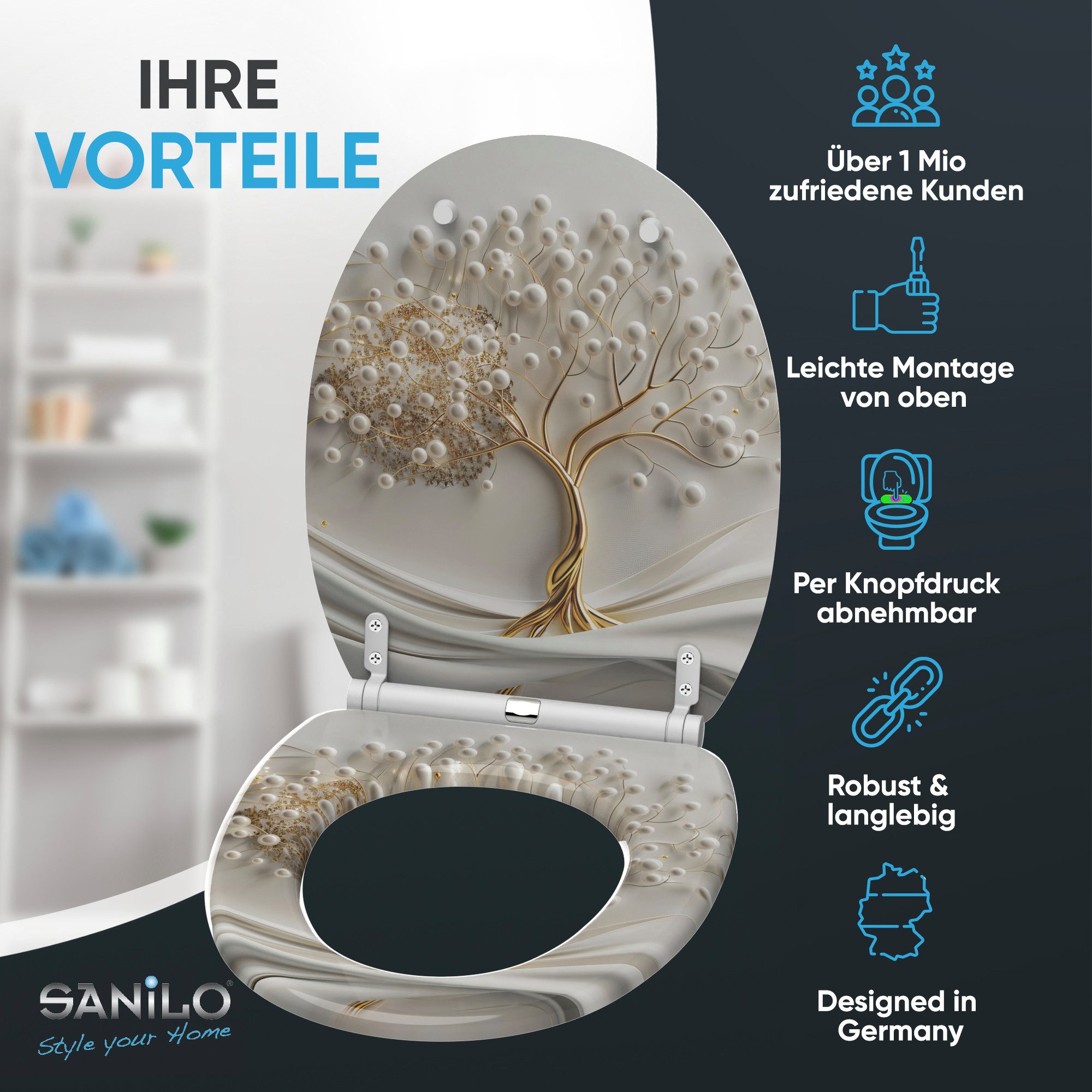 Sanilo WC-Sitz Tree of Life mit Absenkautomatik & Quick Release, hochwertig, abnehmbar, leichte Montage von oben, mit Schraubenzieher