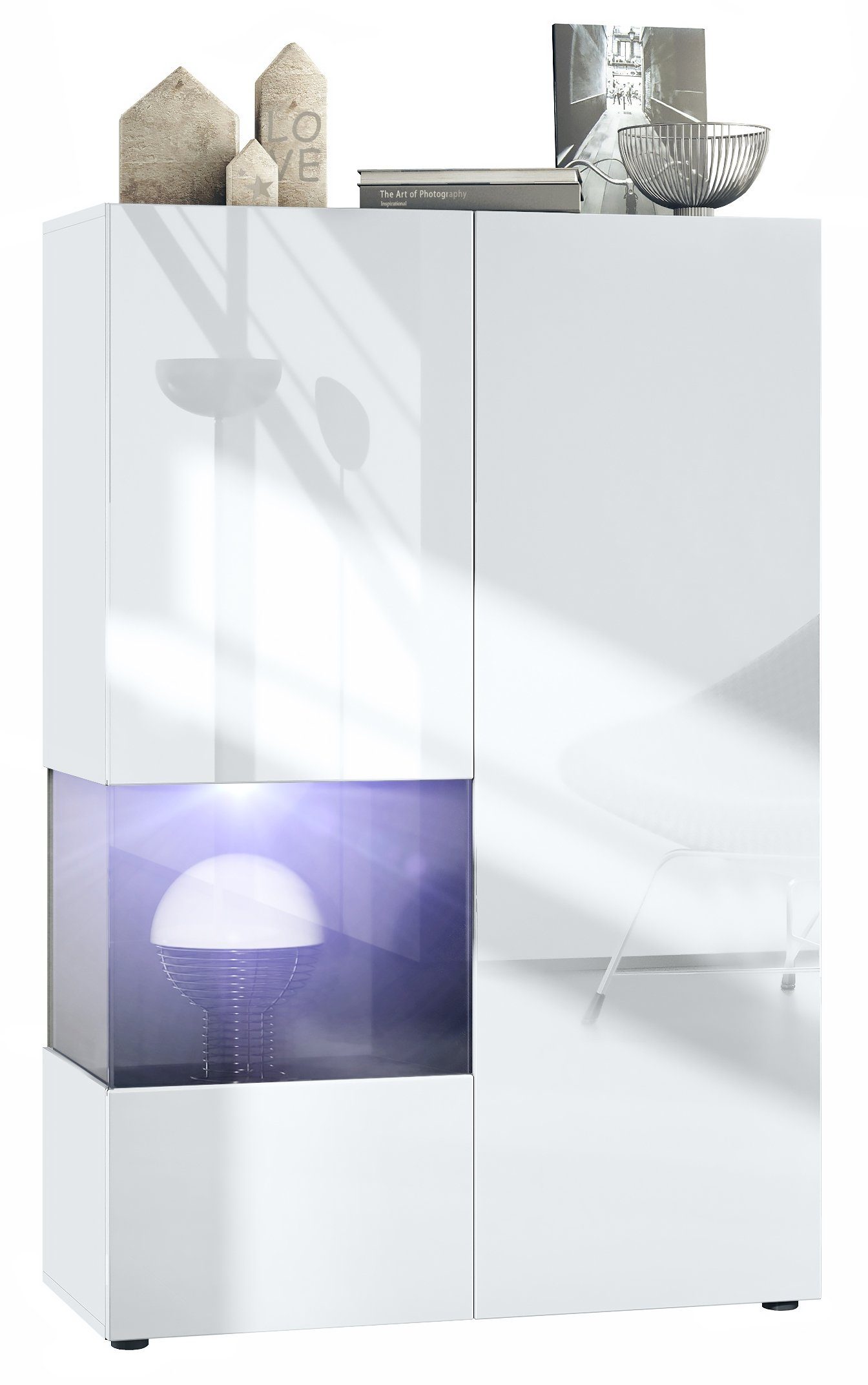 Vladon Standvitrine Morena V2 (Standvitrine, mit 2 Türen und Glaseinsatz inkl. LED-Beleuchtung) Weiß matt/Weiß Hochglanz/Schwarz Hochglanz (91,5 x 136,5 x 37 cm)