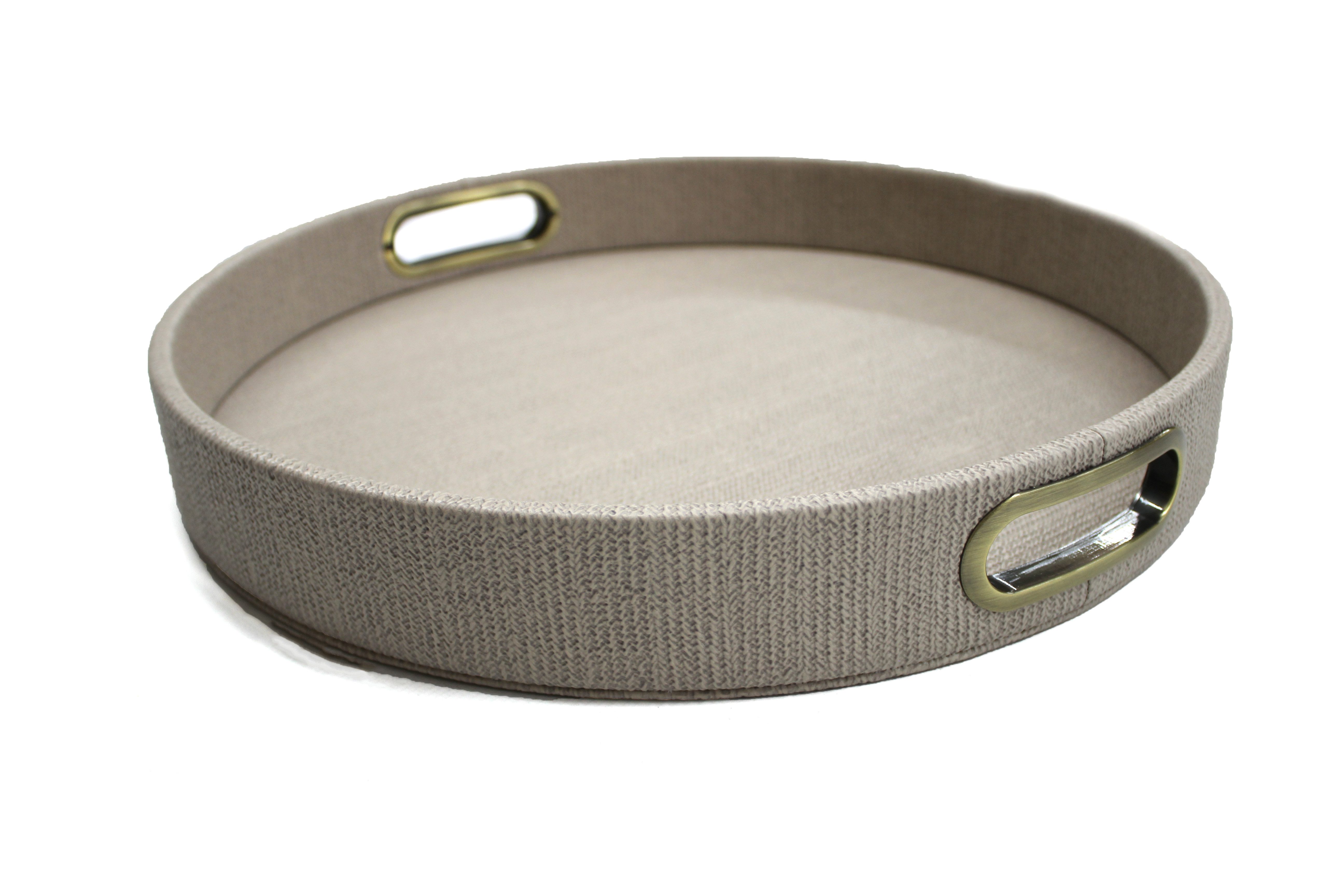 Tablett Tablett rund grün beige gemustert mit Messinggriffen Serviertablett