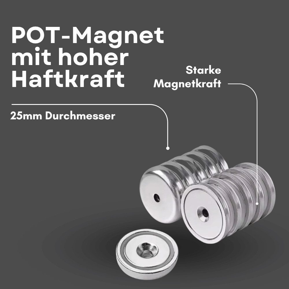 MaajeeKuto Magnet Neodym Topfmagnet Ø25 mm mit Senkbohrung 24 kg Gewinde M5 (1-St)