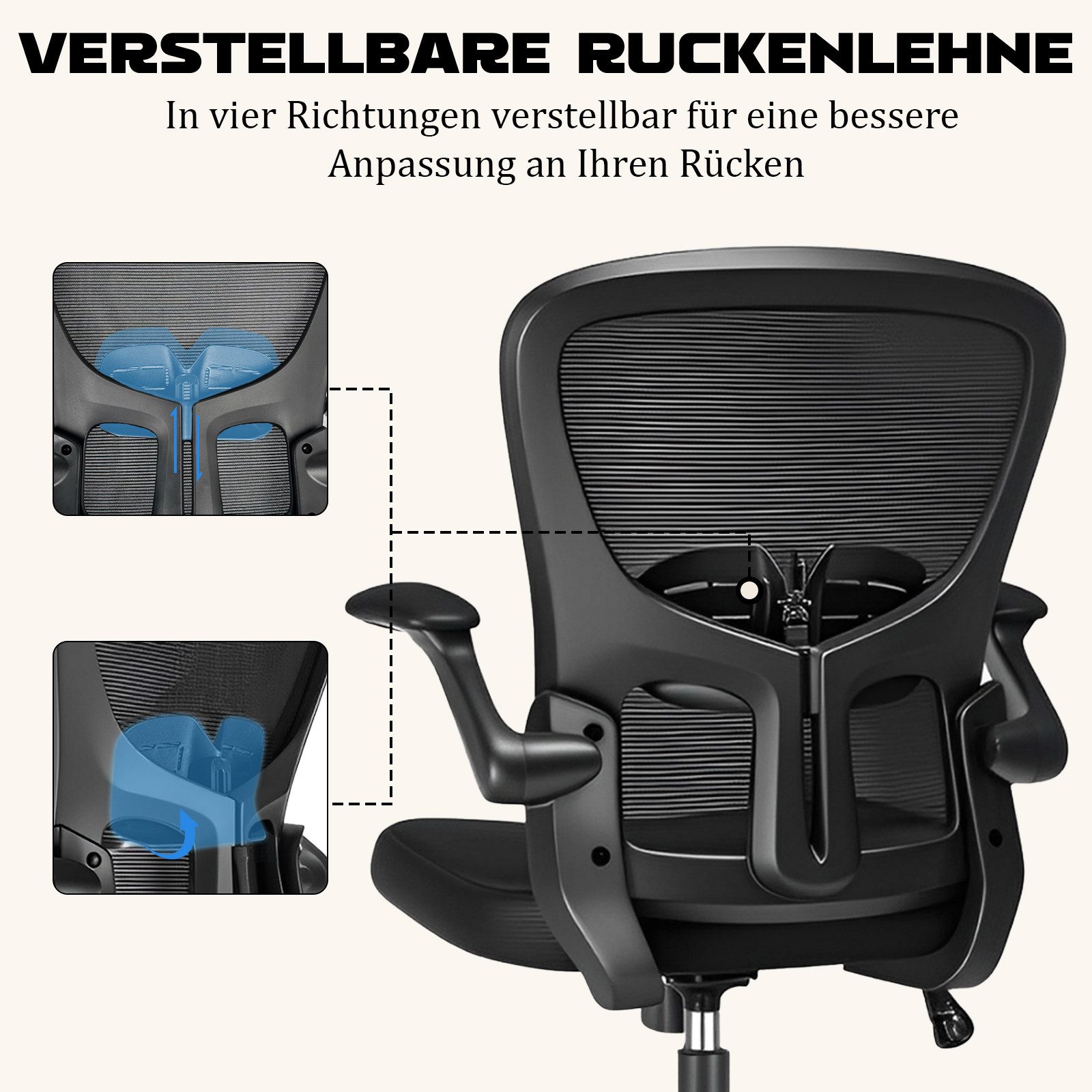 Durrafy Bürostuhl Ergonomischer Bürostuhl,Schreibtischstuhl mit klappbaren Armlehnen (Höhenverstellbarer Drehstuhl mit Wippfunktion bis 130°,Computerstuhl mit verstellbarer Lendenwirbelstütze und leisen Rollen), Chefsessel mit 150 kg Tragfähigkeit