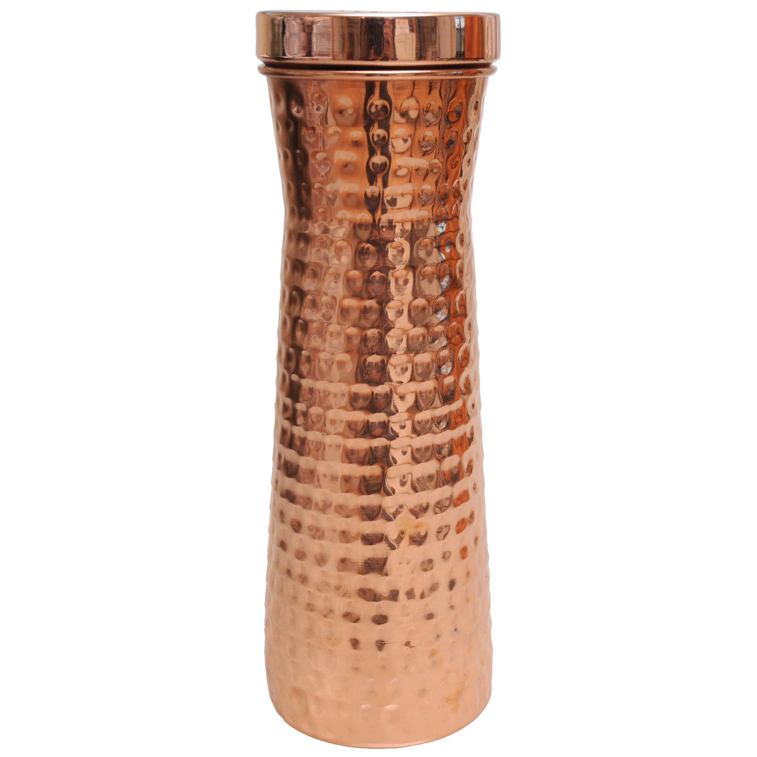 Yogishop Trinkflasche Kupferkaraffe mit Becher gehämmert, 1,1 l, Edle Wasserflasche aus Kupfer.