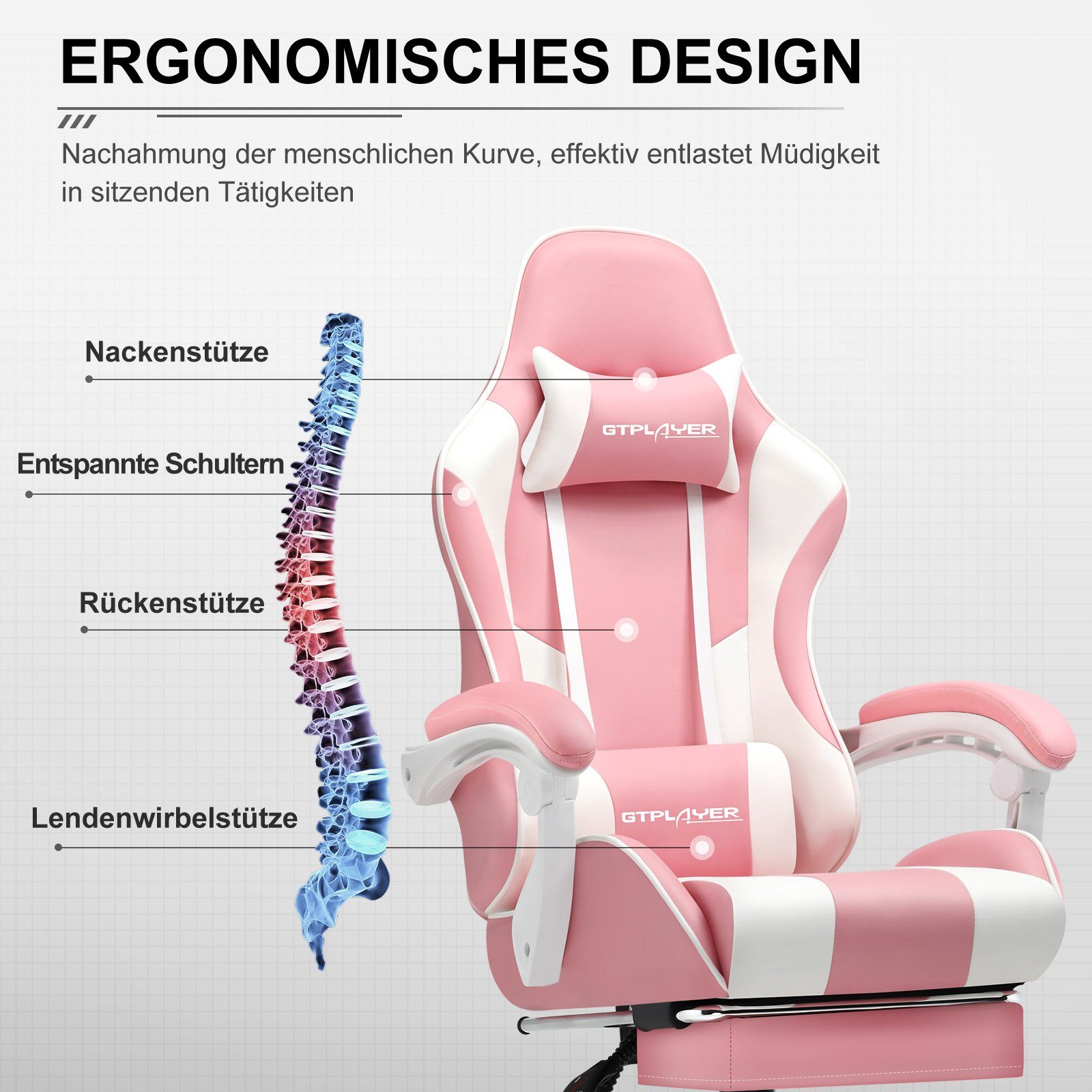 Fußstütze PINK Bürostuhl bis mit Zocker Rückenlehne belastbar, und Verbindungsarmlehnen Stuhl, Massage-Lendenkissen mit Hohe GTPLAYER 120kg Gaming-Stuhl