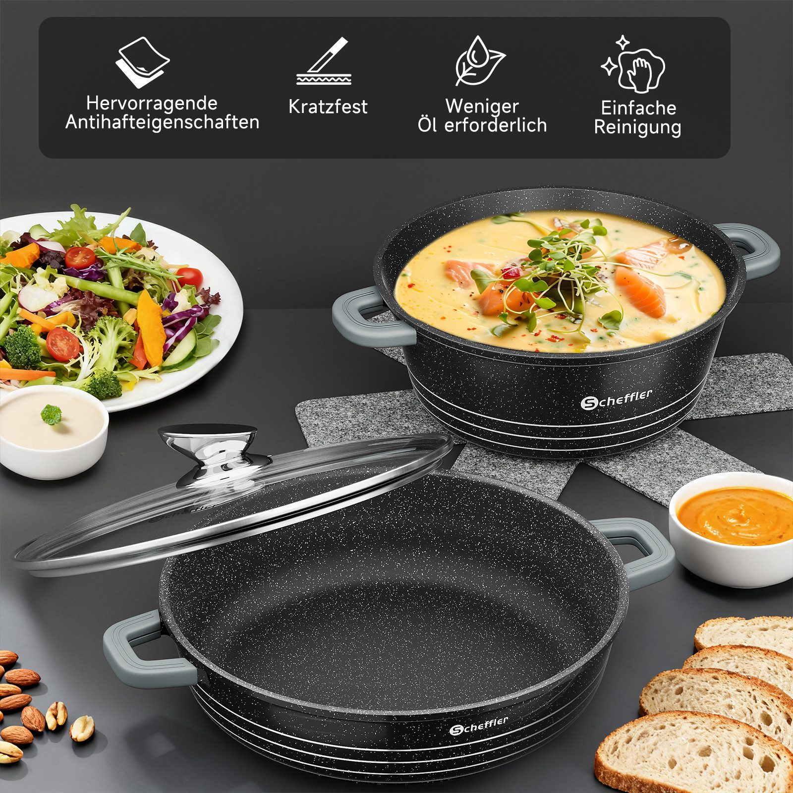 Scheffler Suppentopf Kochtopf 20/24/28/32/36 cm Servierpfanne Bratentopf Topf Induktions, Aluminium (2 Silikon Griffschutz, Spülmaschinengeeignet, für alle Herdarten), Induktion