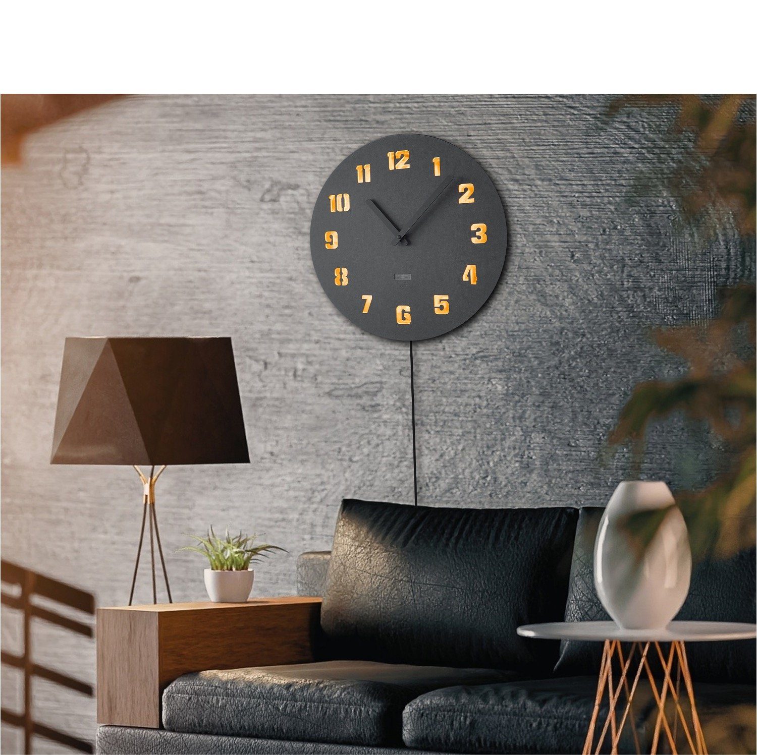 ZENLED Wanduhr GROTTO RUND Ø40cm Holz - luxus Wand Deko mit 3D-Lichteffekt KUPFER (ausgeleuchtet mit steuerbaren warm-weissen LEDs über Fernbedienung) Schwarz mit Arabischen Ziffern in Kupfer