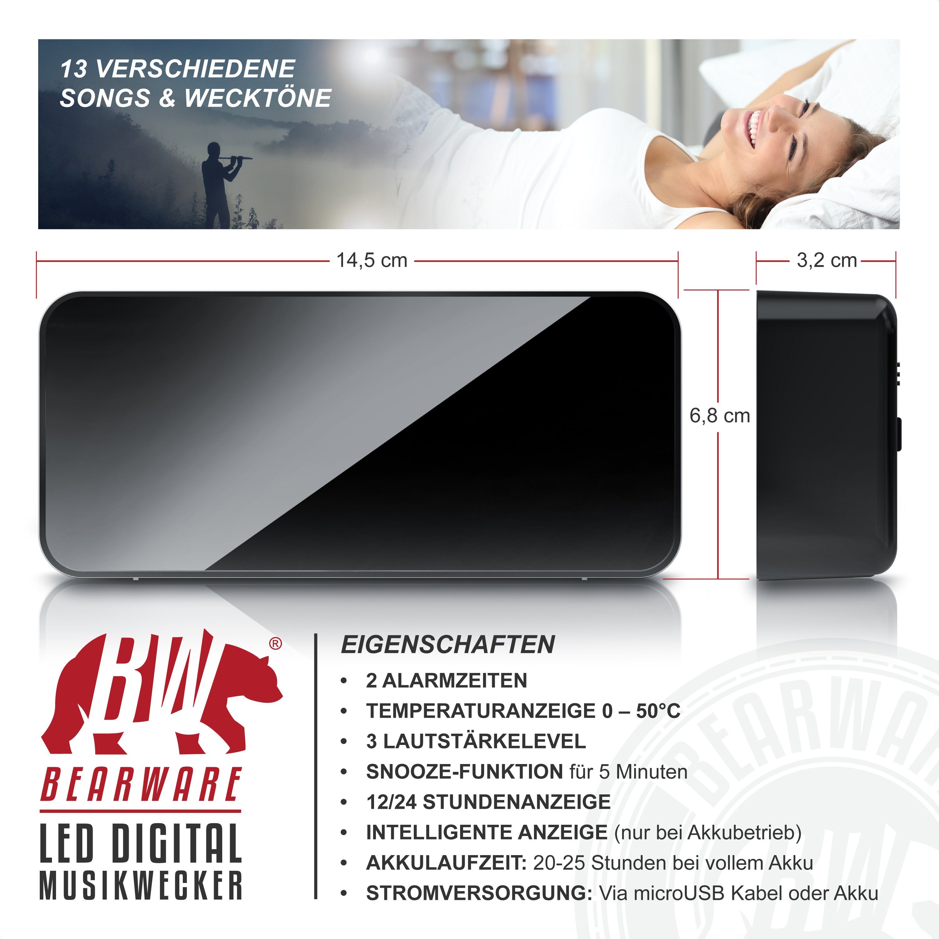 BEARWARE Wecker mit Netzteil & Akku, Musikwecker, Reisewecker mit Temperatu günstig online kaufen