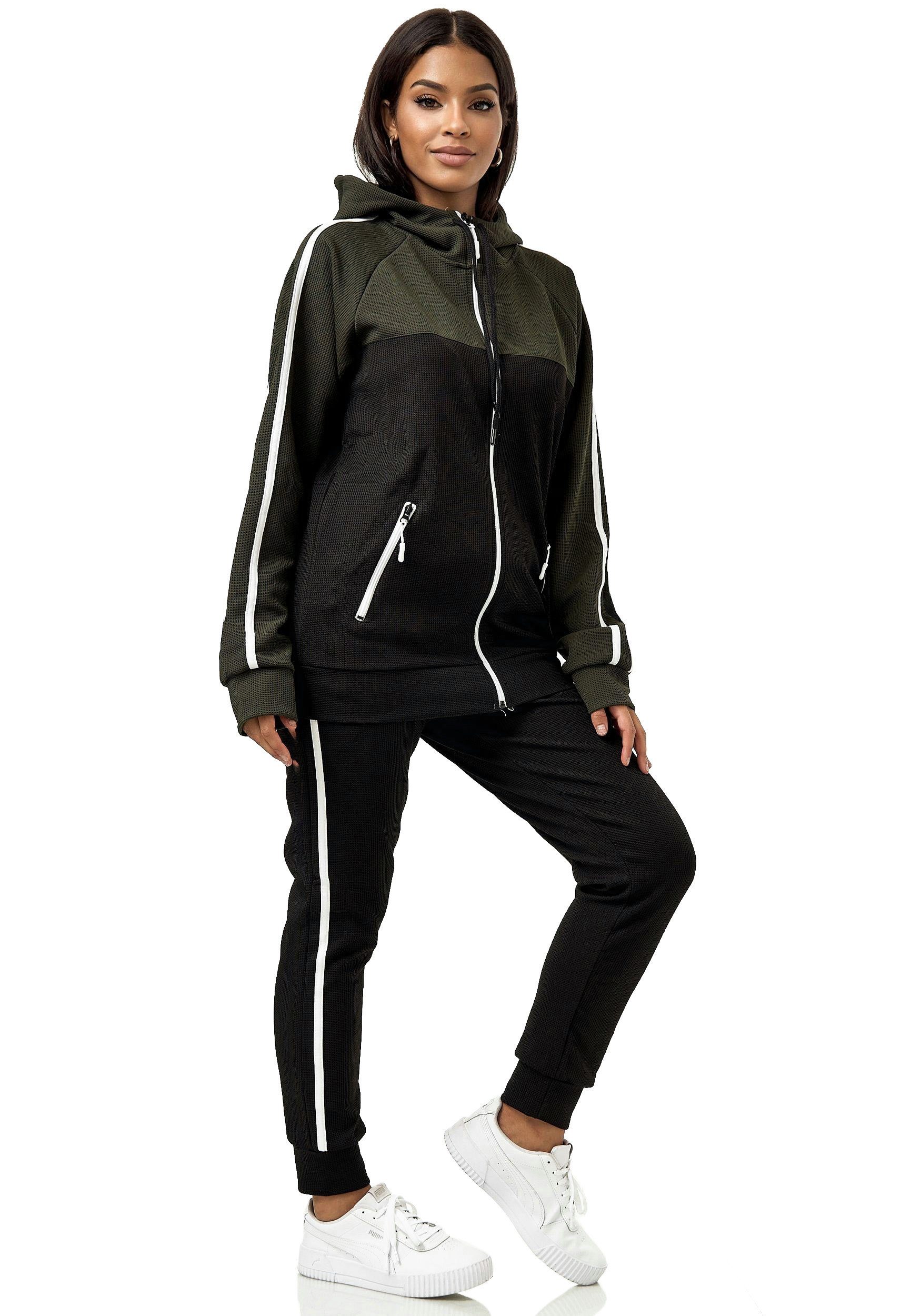 L.gonline Freizeitanzug Damen Jogginganzug Freizeitanzug Sportlich 3750 (Kapuzenjacke mit Reißverschluss, Hose, 2-tlg), mit Streifen – Bild 2 von 3