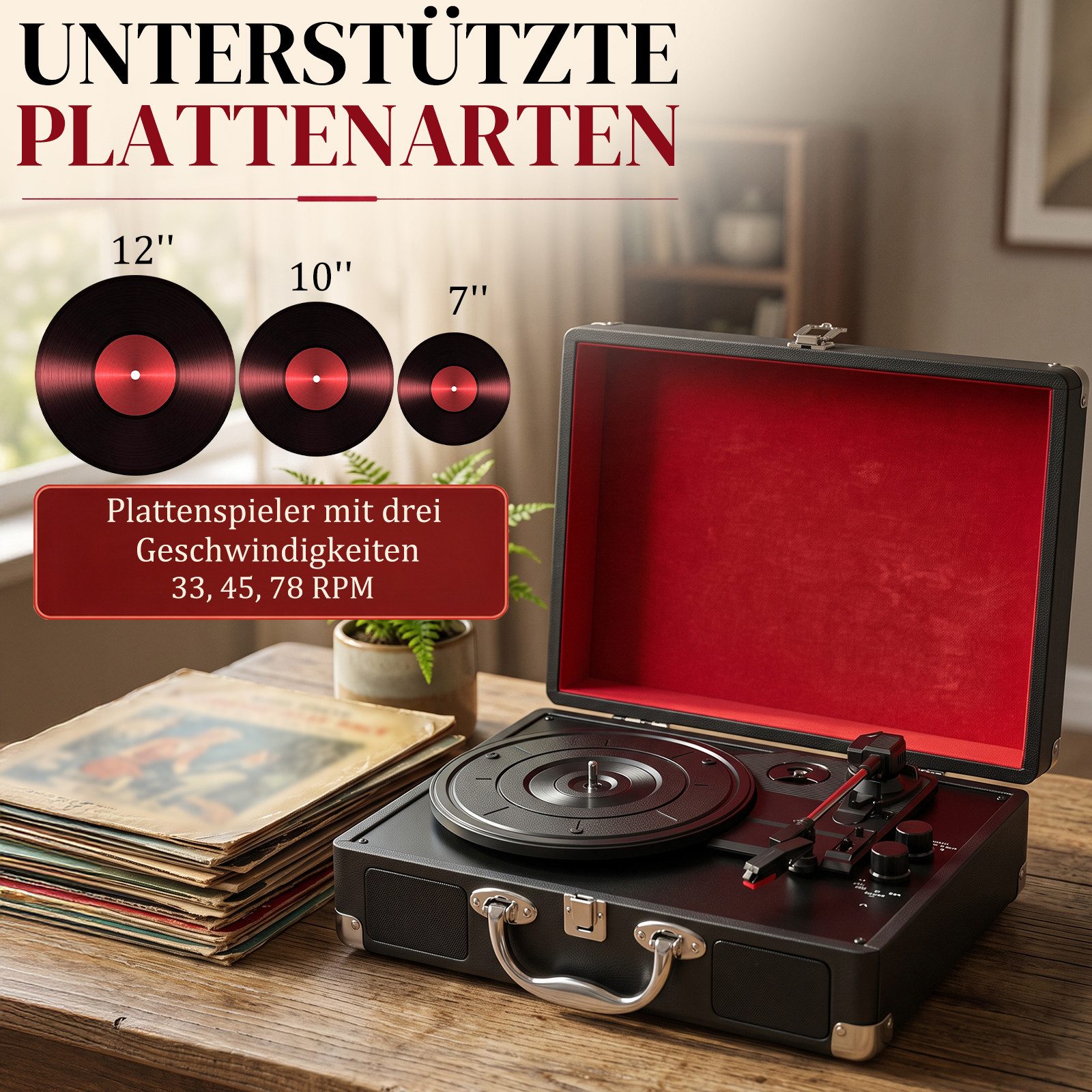 LALAHO Koffer‑Plattenspieler Retro, integrierte Stereo‑Lautsprecher Plattenspieler (mit Bluetooth, 3 Geschwindigkeiten, integrierte Lautsprecher) – Bild 2 von 5