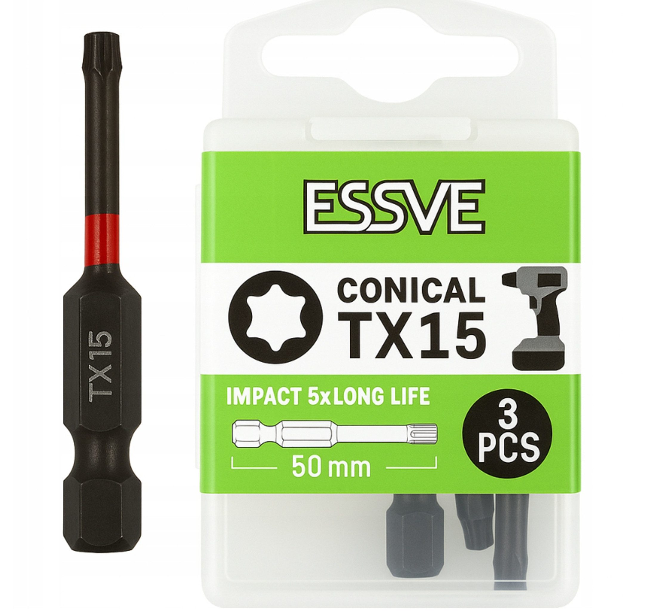 ESSVE Torx-Bit Impact Bits für Schlagschrauber TX15/20/25 konisch schwarz 50 mm 3 St.