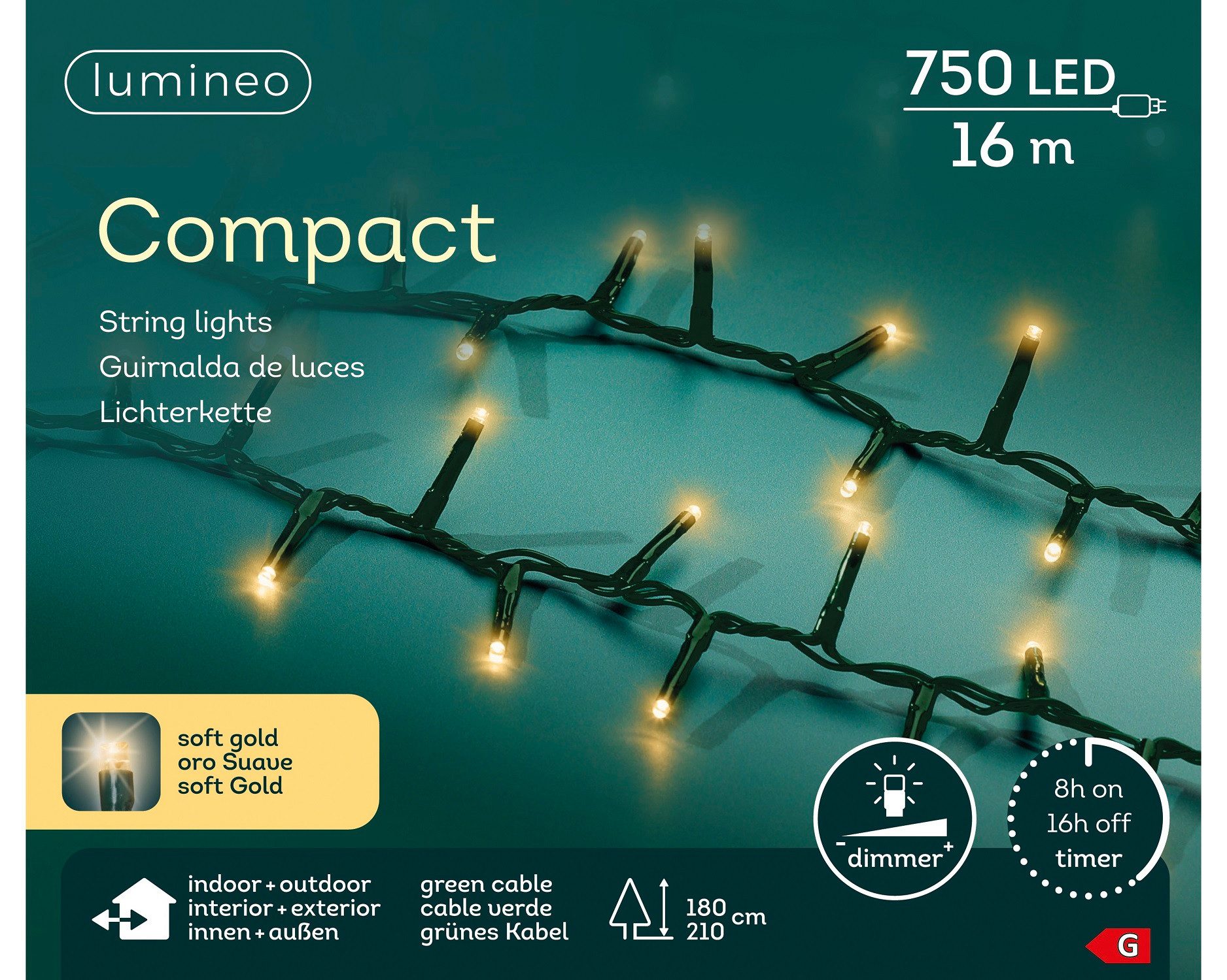Lumineo LED-Lichterkette Lumineo Lichterkette COMPACT 750 LED 16 m, Soft Gold, grünes Kabel, Indoor/Outdoor, dimmbar, 8h-Timer, 5 m Zuleitung