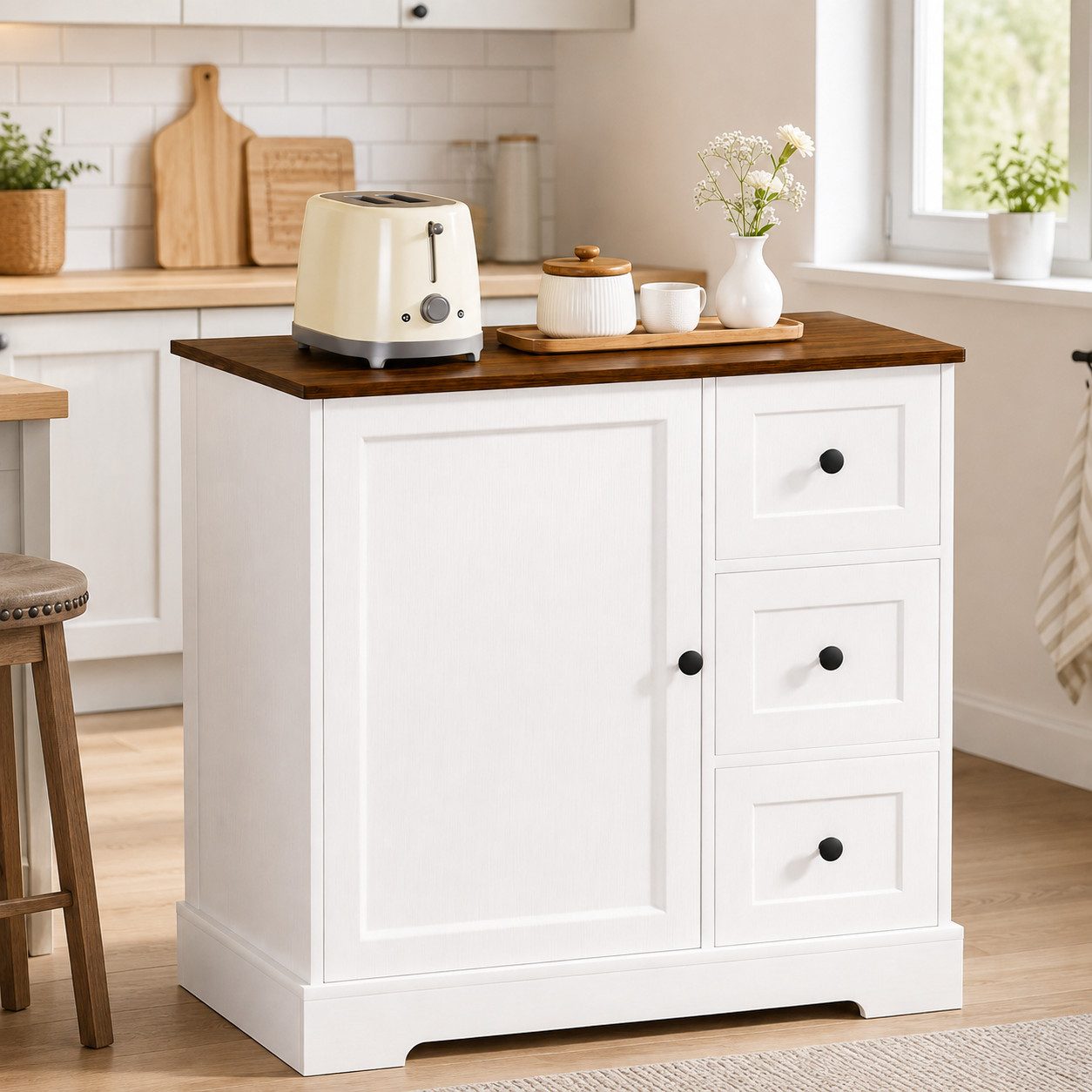Yorbay Sideboard Küchenschrank mit 3 Schubladen und 1 Tür (85 × 40 × 81 cm), Kommode Aufbewahrungsschrank, Holzoptik im Retro-Stil