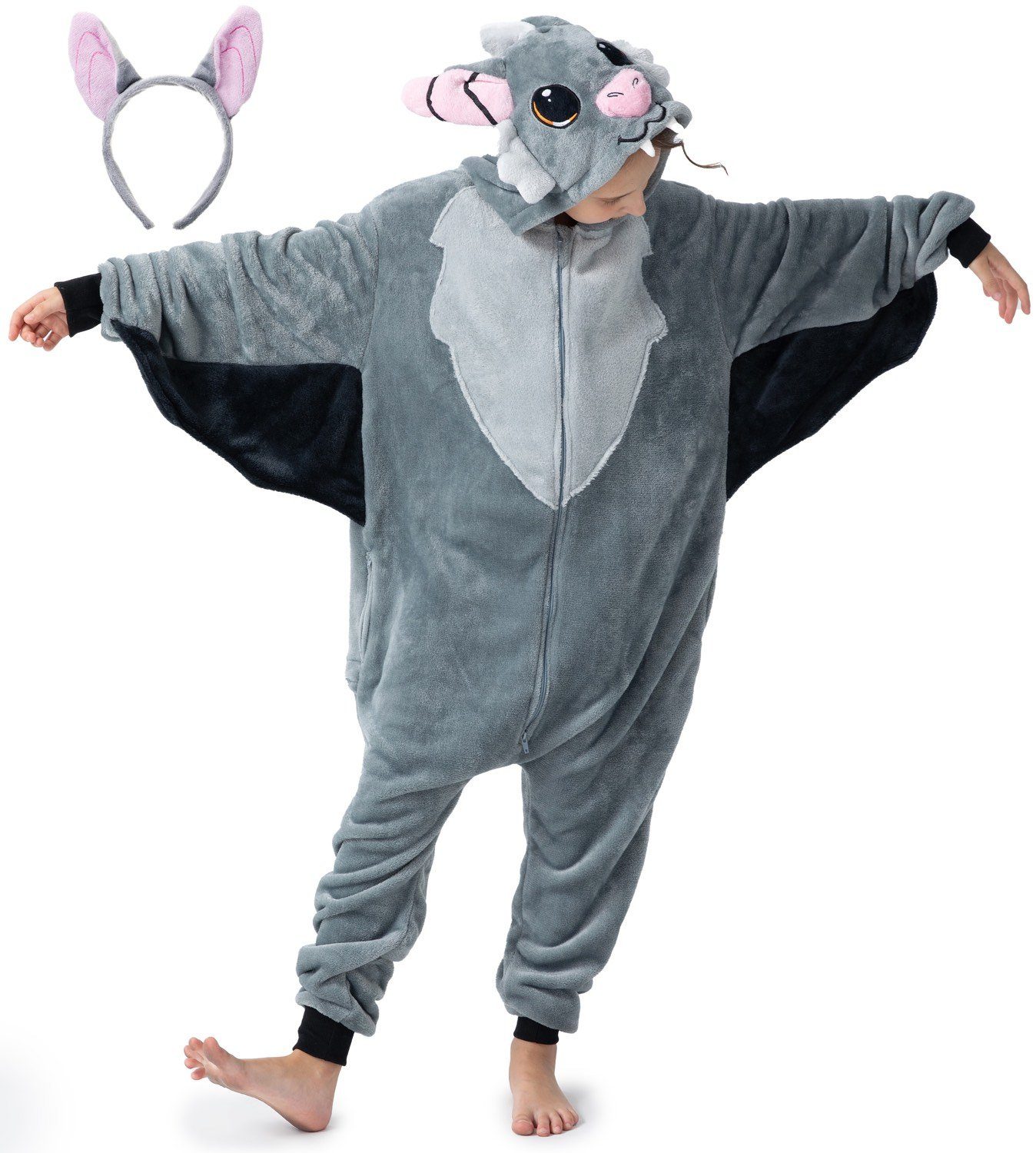 Corimori Jumpsuit Flauschiges Fledermaus-Kostüm für Kinder mit Haarreif,  Halloween (2-tlg) Jumpsuit, Pyjama, Fasching, Kigurumi, Tierkostüme, Fledermaus "Vivi"