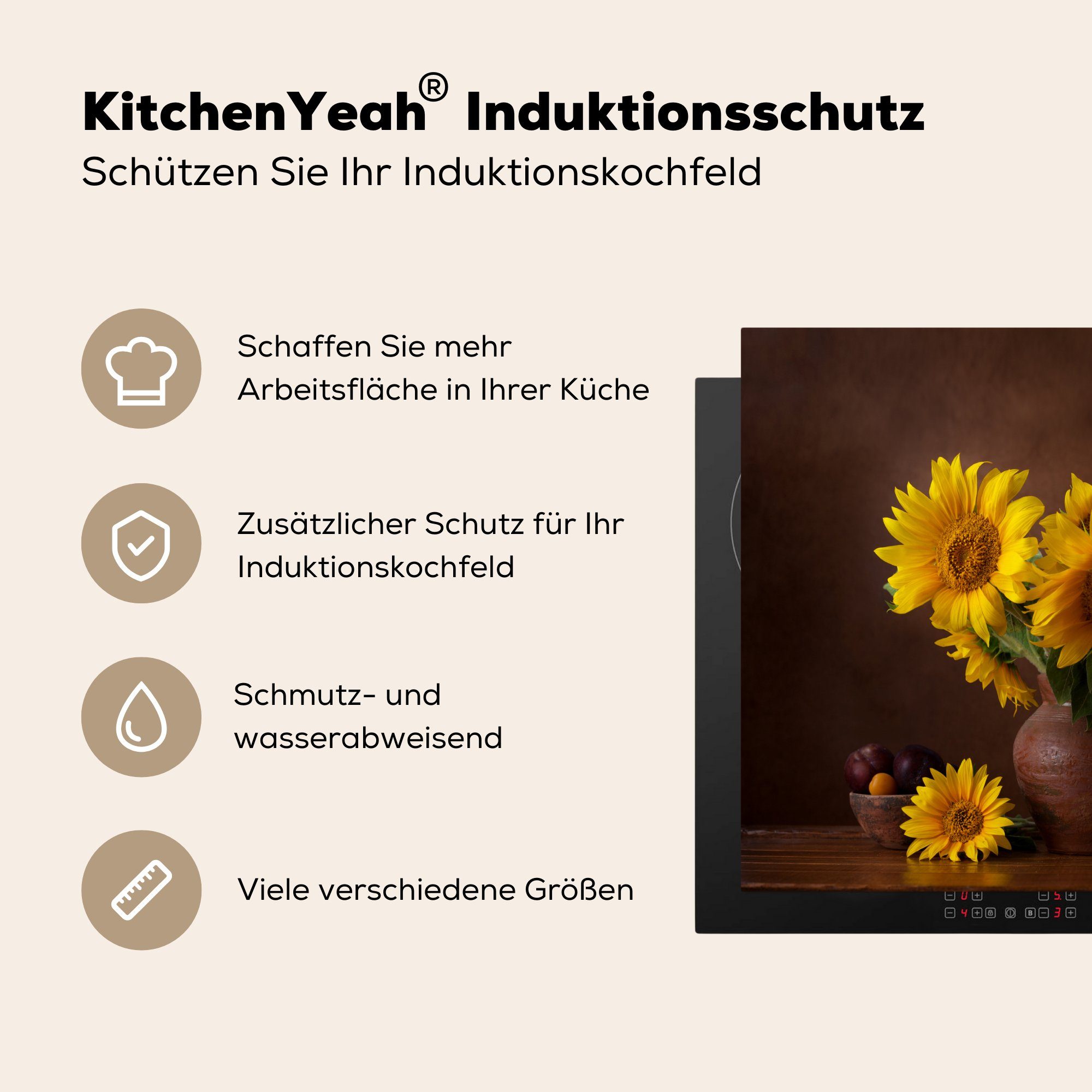 - - Sonnenblumen küche, Herdblende-/Abdeckplatte (1 MuchoWow Ceranfeldabdeckung Vinyl, Vase tlg), für cm, Induktionsmatte Stilleben, die 59x52