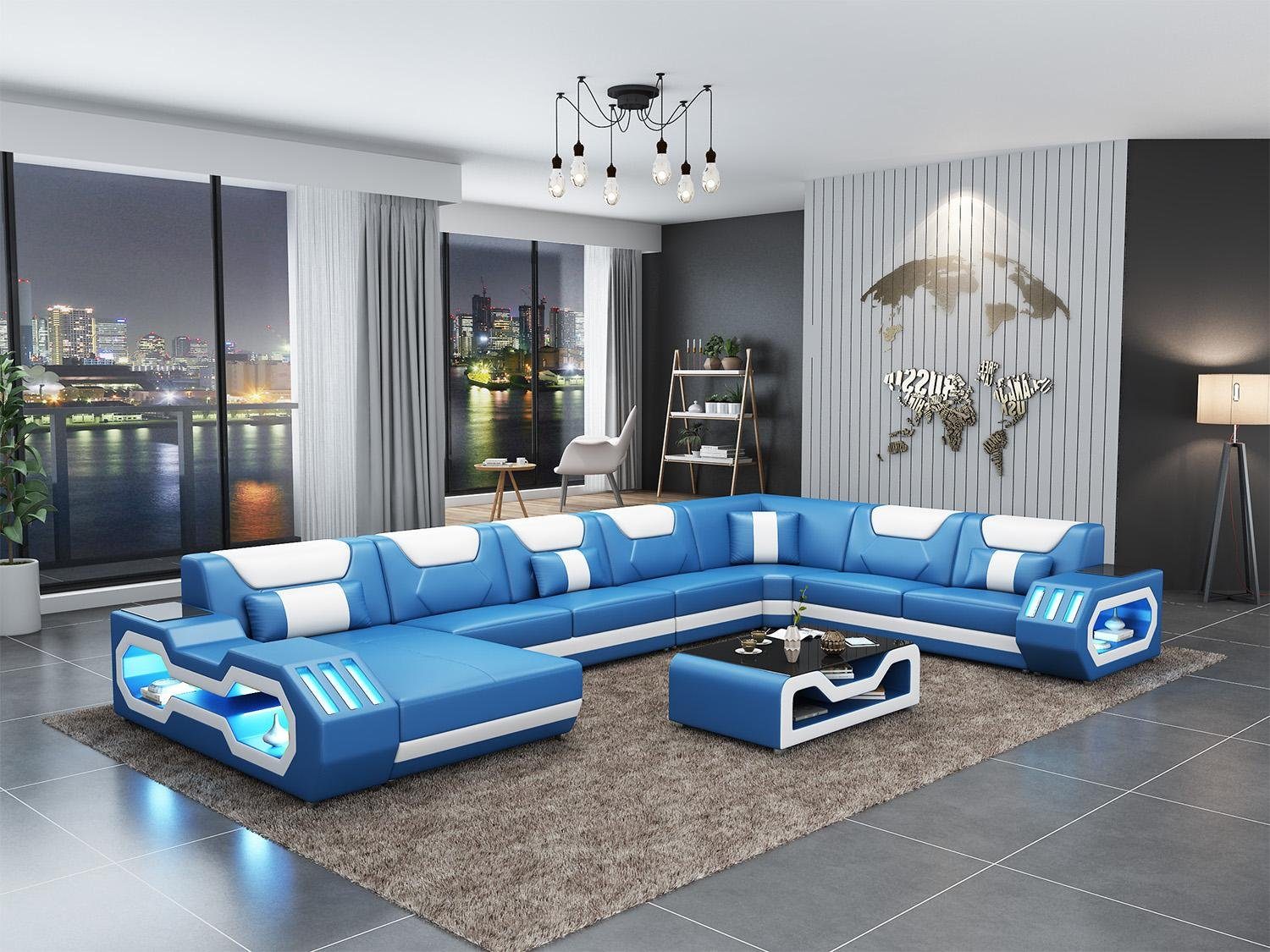 JVmoebel Wohnzimmer-Set, Ecksofa U-Form Couchtisch Couch Design Grau Polster Leder Modern Blau/Weiß
