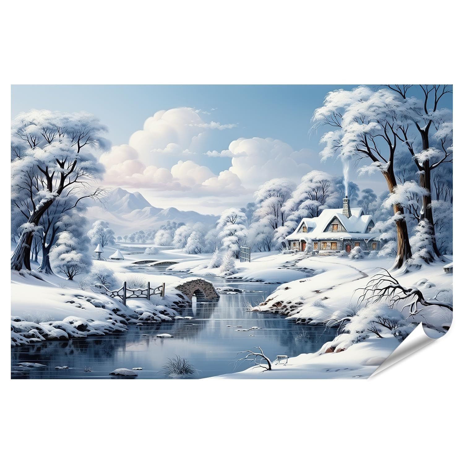 islandburner Poster Winterlandschaft Schneedecke Bäume Häuser Landpanorama generatives