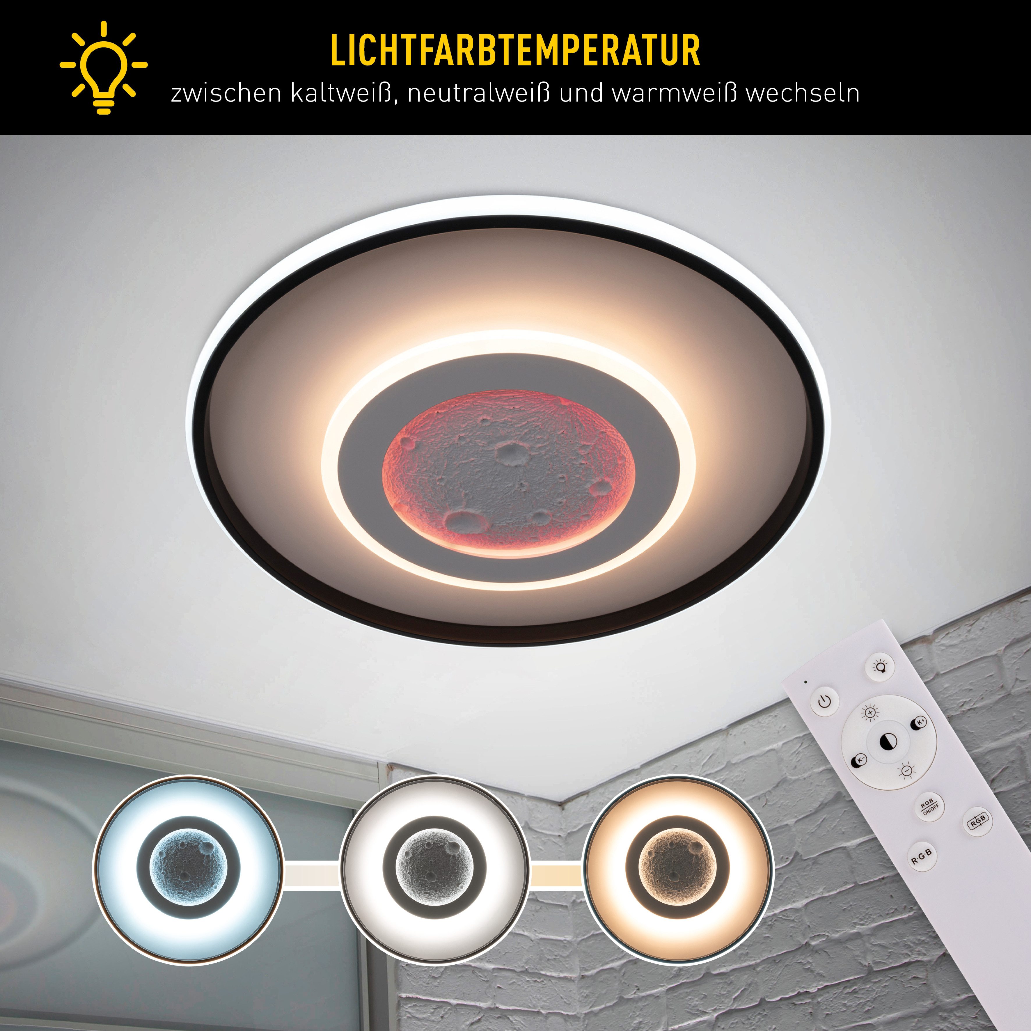 näve LED Deckenleuchte Livana, CCT - über Fernbedienung, Dimmfunktion, Farbwechsel, Fernbedienung, Infrarot inkl., Memoryfunktion, Nachtlichtfunktion, dimmbar über Fernbedienung, mehrere Helligkeitsstufen, Leuchtmittel wechselbar, warmweiß - kaltweiß, Dimmbar per IR-Fernbedienung, CCT, Memory, Nachlicht, Ø: 70 cm