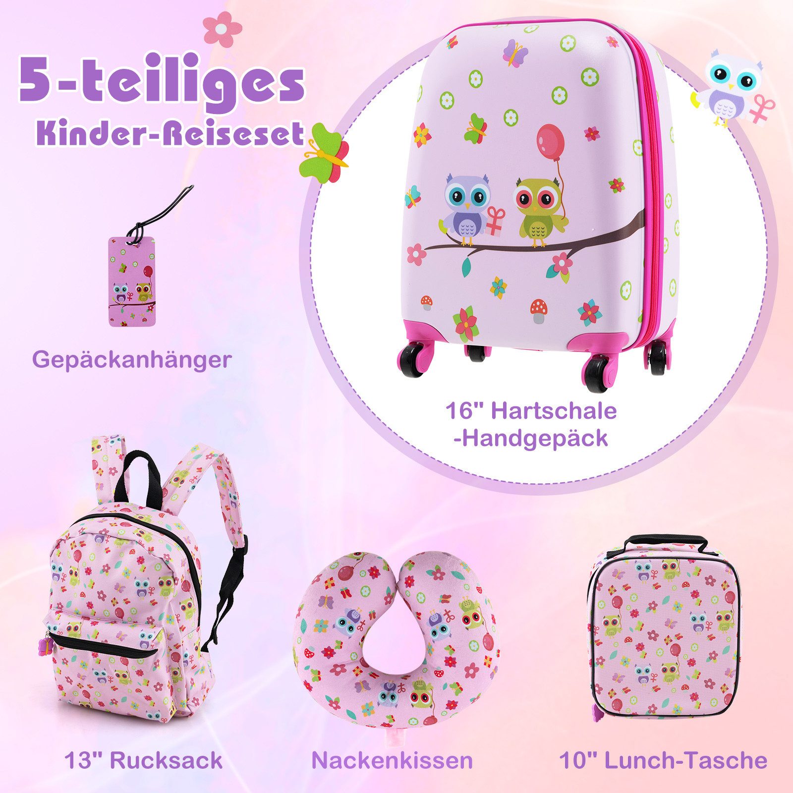 COSTWAY Kinderkoffer Set, 4 Rollen, 5 teiliges Trolley mit Handgepäck, Kissen
