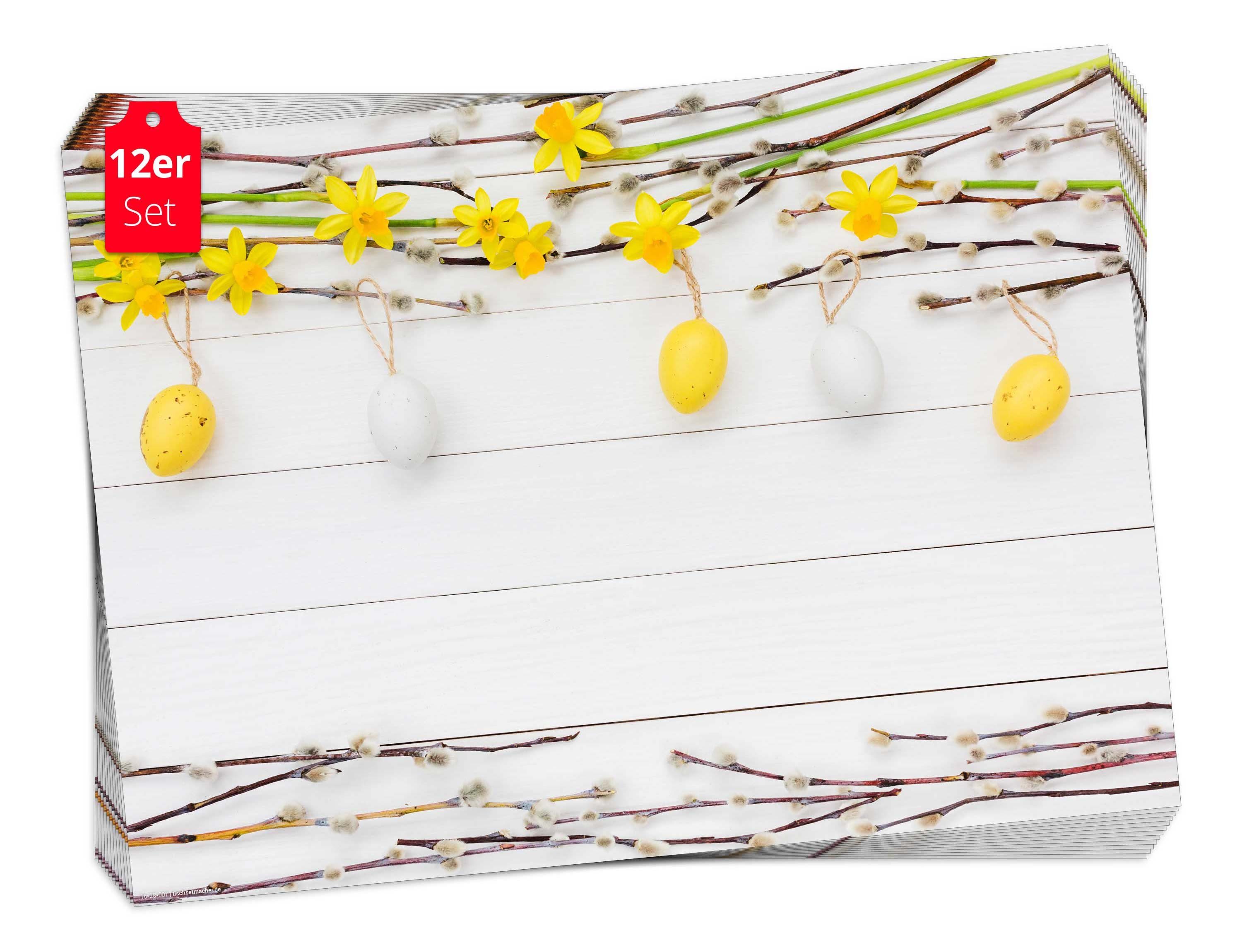 Platzset, Tischset Frühling, Ostern & Blumen - Motiv mit kleinen Ostereiern, Tischsetmacher, (aus Naturpapier in Aufbewahrungsmappe, 12-St., 44 x 32 cm / gelb-weiß), Made in Germany