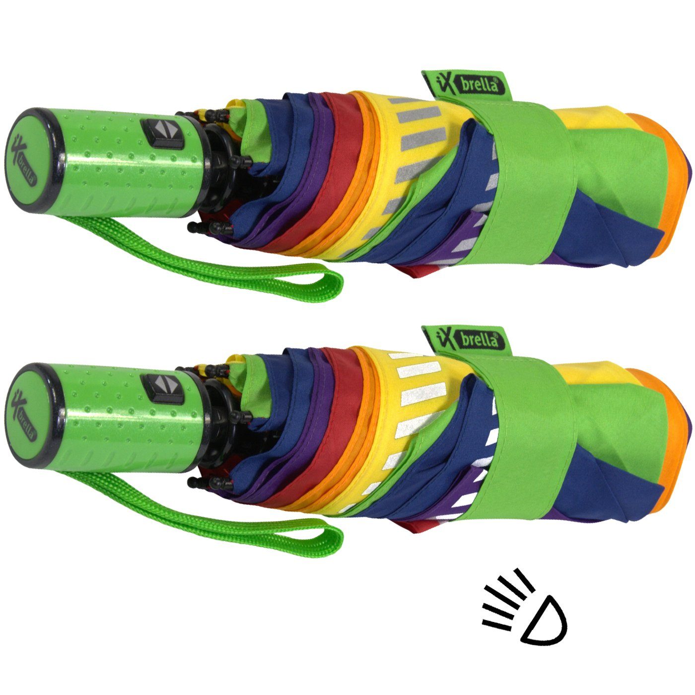 Taschenregenschirm Kinderschirm Auf-Zu-Automatik, mit Sicherheit iX-brella Reflex-Streifen reflektierend, Regenbogen - durch