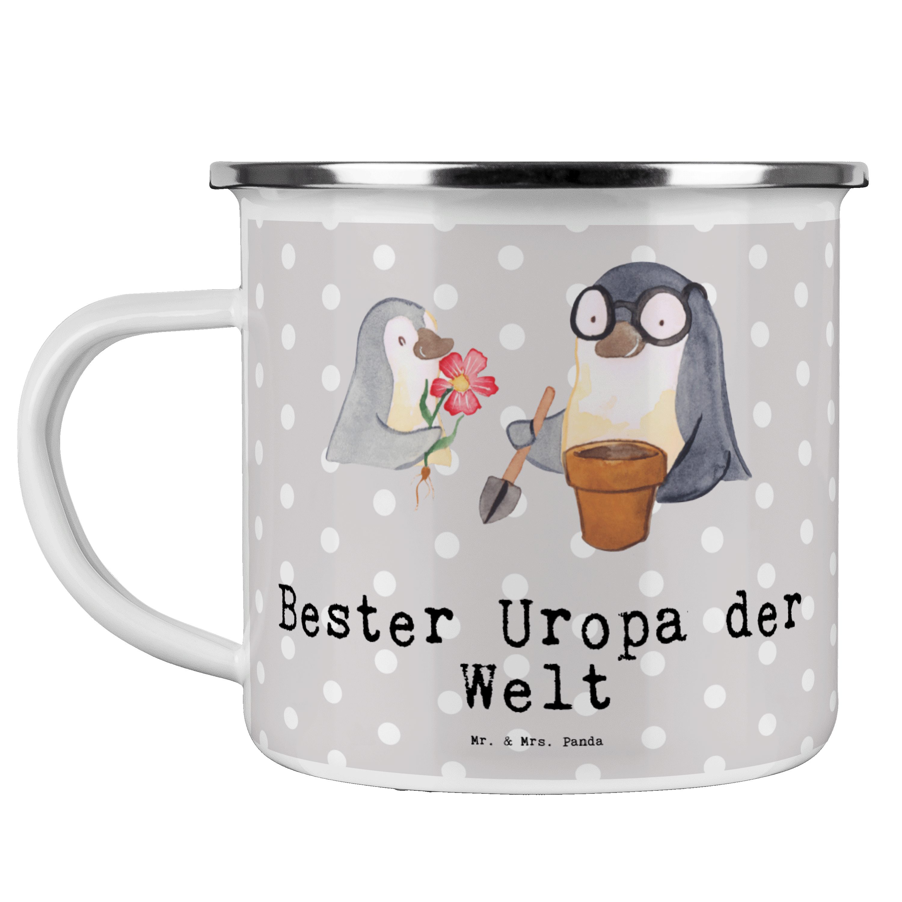 Mr. & Mrs. Panda Becher Pinguin Bester Uropa der Welt - Grau Pastell - Geschenk, Blechtasse O, Emaille