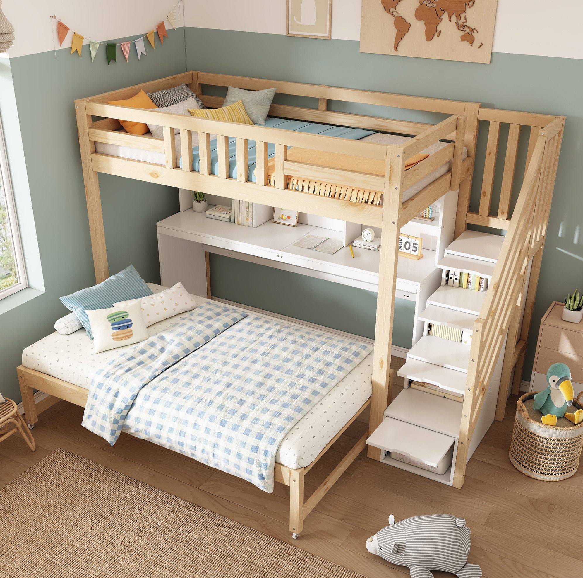 REDOM Etagenbett Design-Kinderbett – Schreibtisch, Treppenschrank & Ausziehbett (Packung, 90×200 + 90×190 cm, für moderne Räume), Rollen, Regal, ohne Matratze, Weiß+Eiche